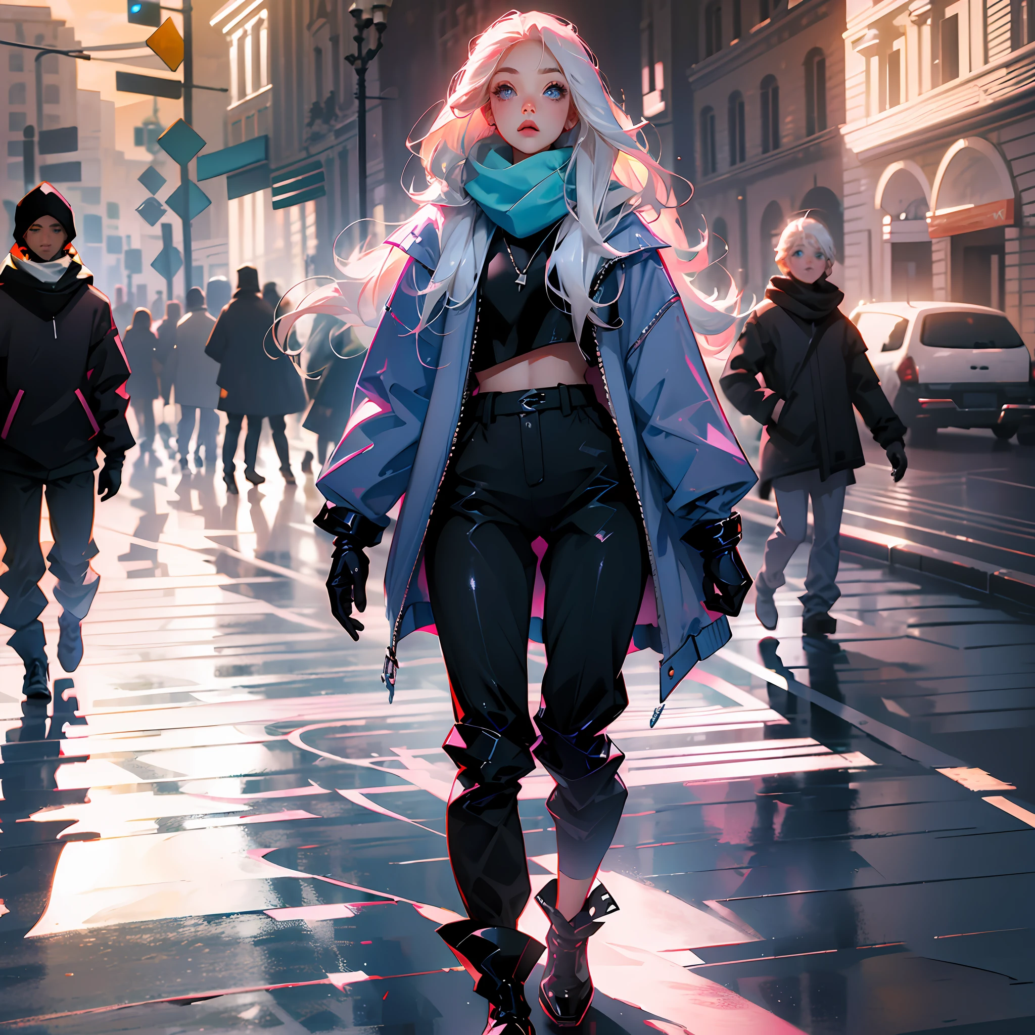 (((best quality,8k,masterpiece))),((sharp image))),((highly detailed)),a girl,white skin pink cheek, blonde colored hair flying in the wind, bright blue color eyes, lips,mouth between open, walking in the streets of Paris face the eiffel tower, wearing a black coat with silver buttons,one to black color scarf, jogger pants, black sneakers(black gloves),daylight, too cold,(((anime))), --auto --s2