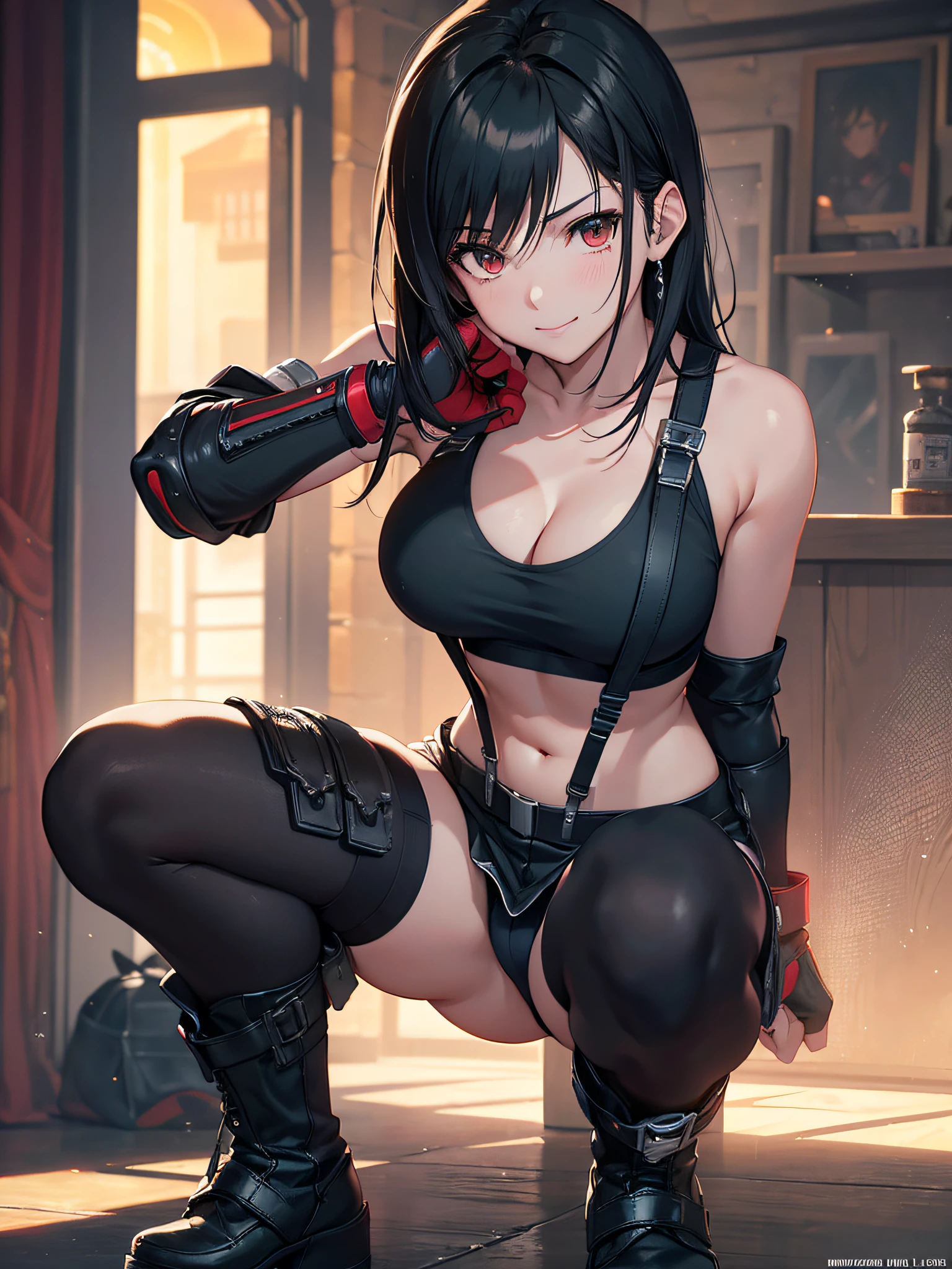 (8K, Best Quality, Masterpiece: 1.2), (Realistic, Photorealistic: 1.37), Super Detail, One Girl, Cute, Solo, (Tifa Lockhart), (Big Breasts), (Beautiful Eyes), (Smile: 1.2), (Closed), Model Pose, (Green Neon), Cityscape, Depth of Field, Dark Strong Shadows, Sharp Focus, Motion Blur, Depth of Field, composition, , Final Fantasy VII, dating, (nose brush), single elbow pads, ankle boots, black hair, red boots, elbow gloves, elbow pads, fingerless gloves, sports bra, black skirt (suspenders), white tank top: 1.5, full body, headrest, beautiful face, low tie long hair, (red_eyes), (night: 1.3), complex, cinematic lighting, photon mapping, radiosity, physically based rendering, (Tetsuya Nomura style), perfect breast, cleavage: 1.2,