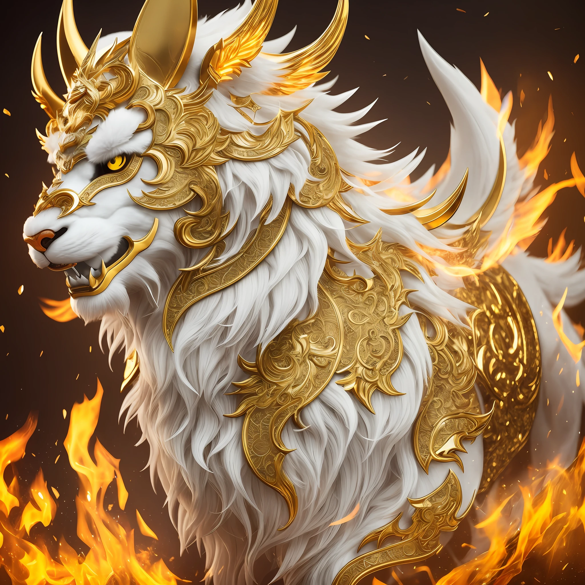 Qilin, Chinese mythical beast, cute, clean, beautiful, mighty, pure white, ultra-fine fur, transparent, transparent golden eyes, intricate details, flame background, power, 8K, virtual engine, octane rendering, HD, macro lens, --auto --s2
