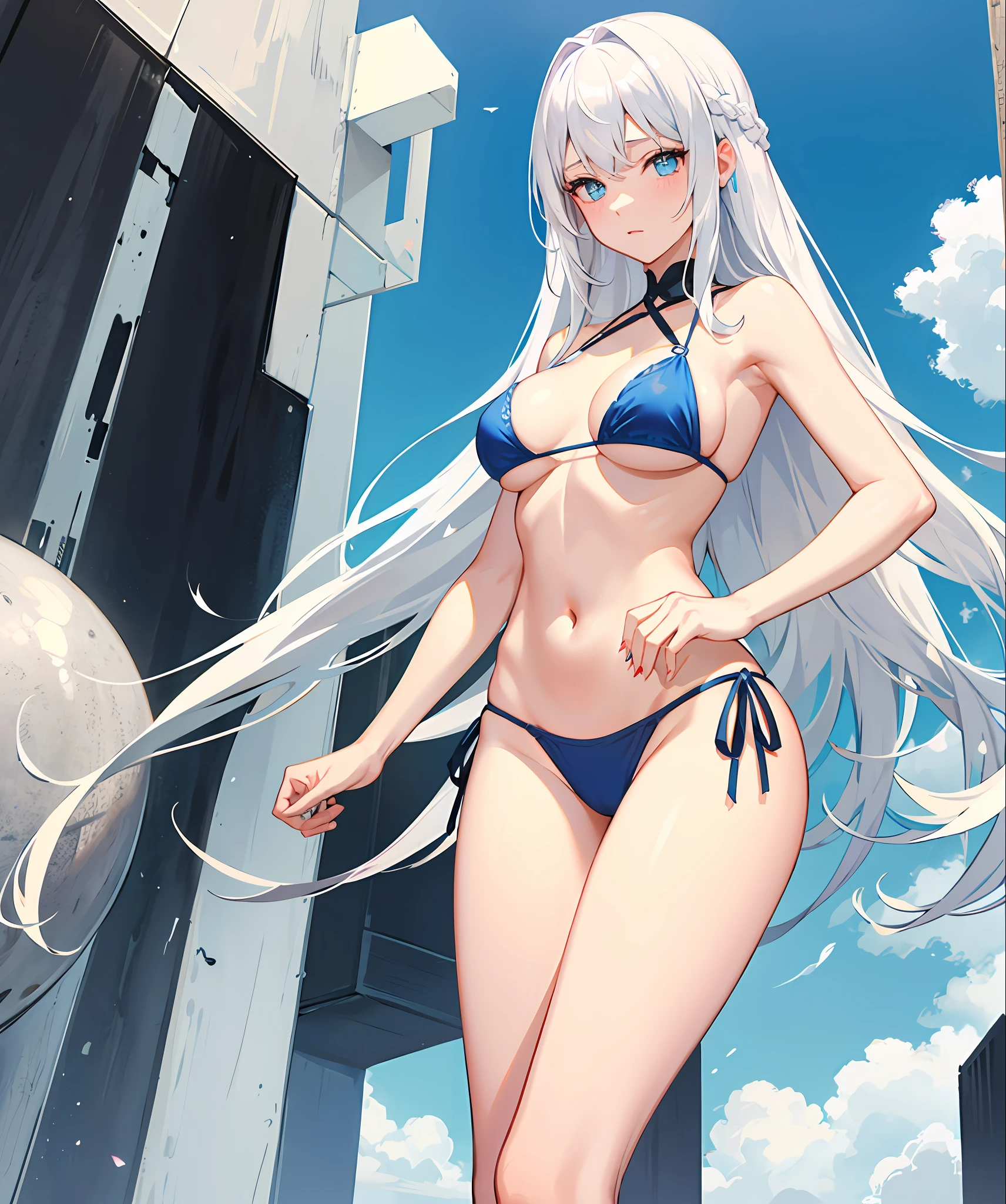 sexy, white hair, medium breast, blue eye, side tie bikini, slim legs, long hair