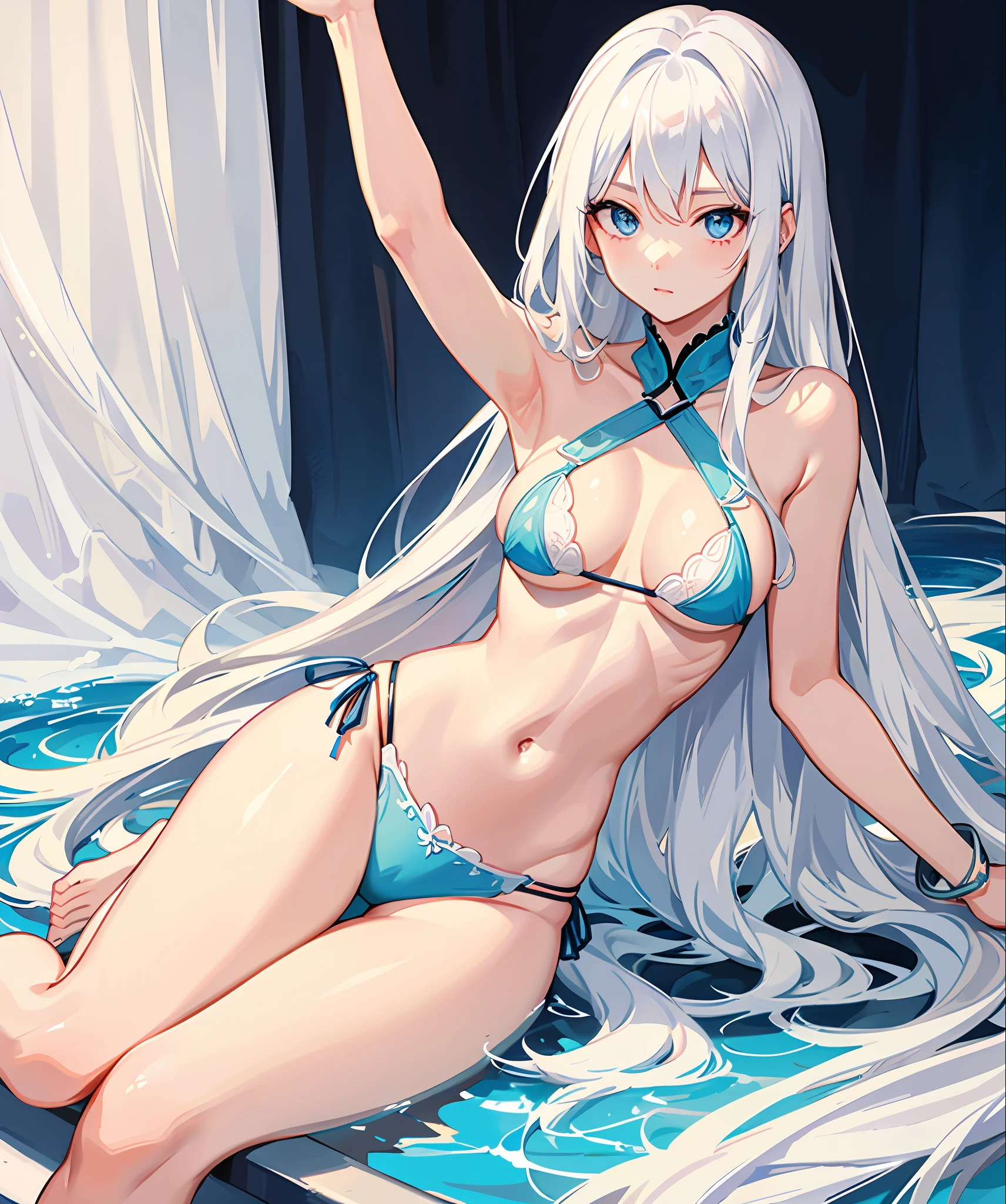 sexy, white hair, medium breast, blue eye, side tie bikini, slim legs, long hair