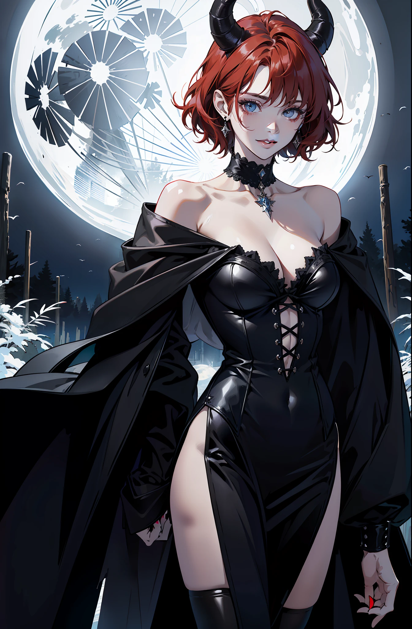 (absurdres, highres, ultra detailed), 1 girl, adult, handsome, tall, broad shoulders, finely detailed eyes and detailed face, black leather clothes, night, smile, dutch angle, short red hair, moon, forest, black horns in his head, silver details, earrings, black chocker, gothic, dark, vampire, black pants, horns, blue eyes, black simple dress, looking at the view, pale skin, seductive pose