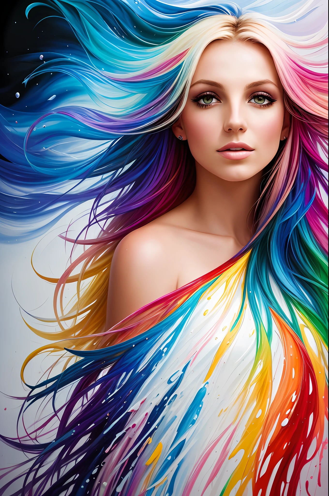 (level difference: 1.8),(Painting colliding and splashing on canvas),(depth of field),1the face of Britney Spears a woman,(Liquid rainbow hair paint:1.1) made of painting and defies gravity, thick flow, (ink splashes: 1.3), liquid state, incredibly beautiful, masterpiece, detailed background, high quality model, ethereal background, abstract beauty, explosive volume, oil painting, heavy brushstrokes, romantic lighting, sub-scattering surface, lens 135 mm, f1.8, brightness, 8k, high resolution, dreamy, ray tracing, hdr, divine rays,
