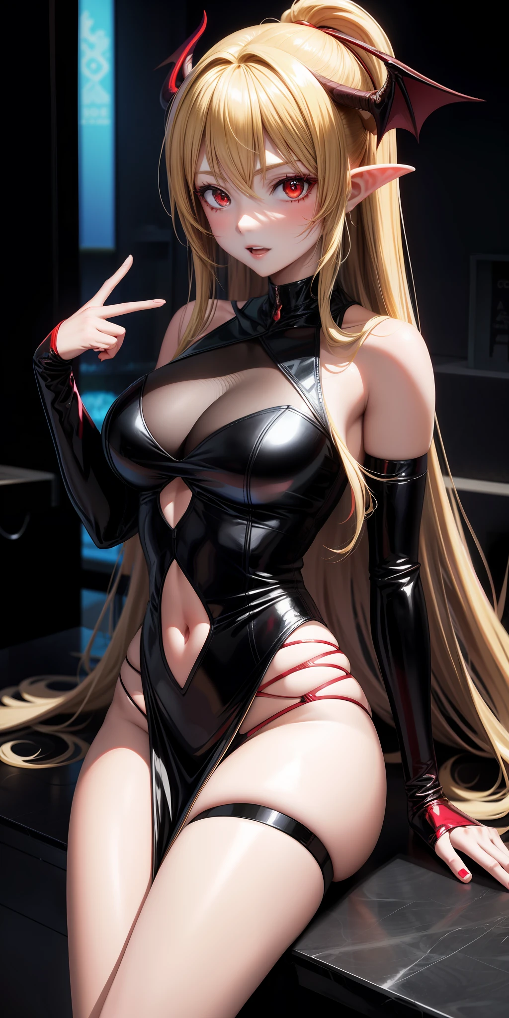 anime, girl single, blonde, red eyes, demon, succubus, sexy