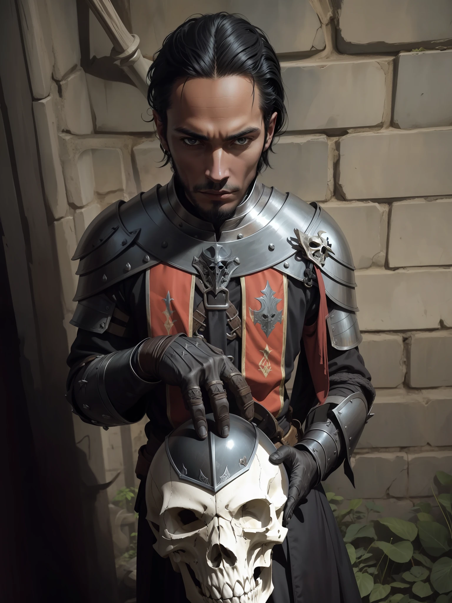 Medieval knight, black hair with white locks, with dark skin holding a skull helmet made of bones and metal