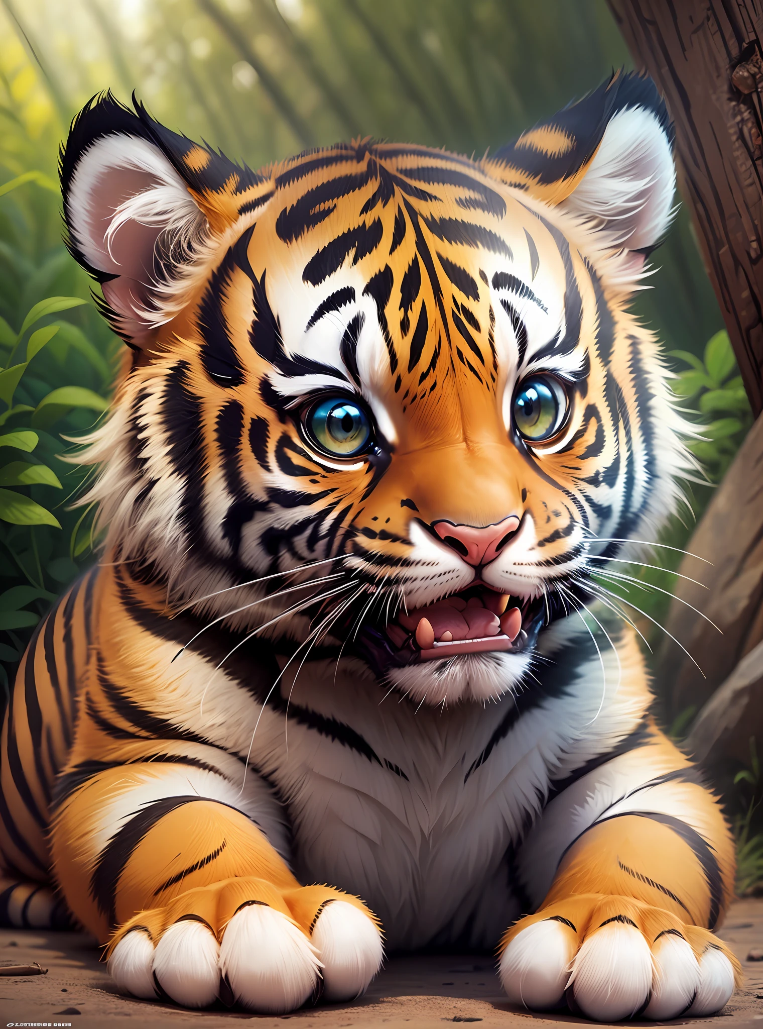 one happy cute baby tiger , portrait, outdoors, background space, toon, pixar style, 3d, cartoon, detailed face, asymmetric, upper body --auto --s2