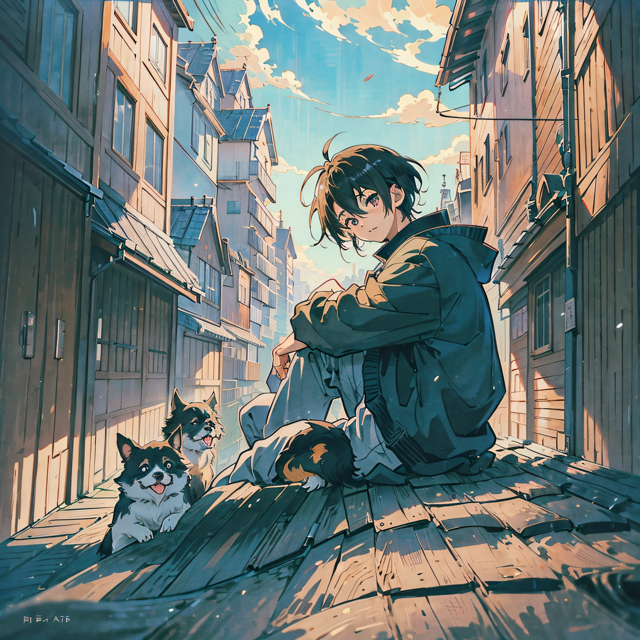 Anime boy sitting on roof with dog in front of him, Guvez style artwork, digital anime illustration, cute digital art, loepfe art, anime art style, cute anime --auto --s2
