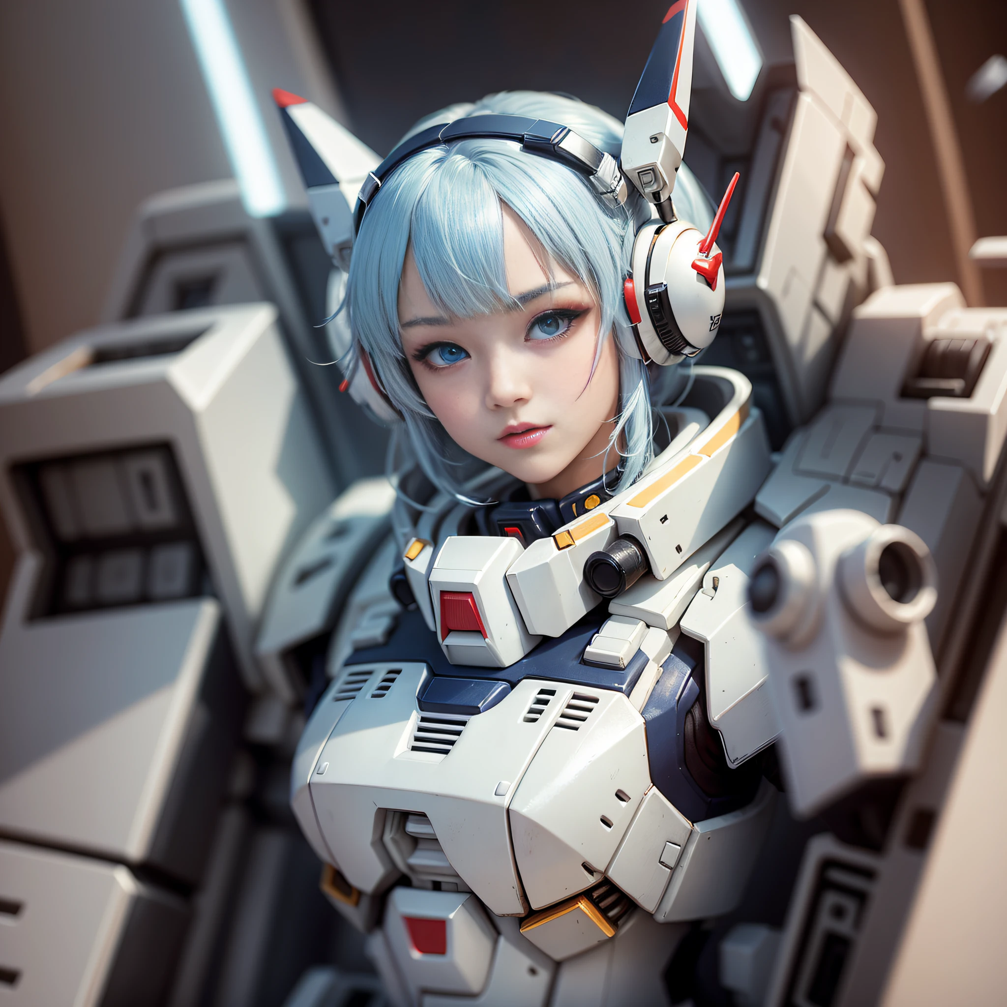 RX-78 Pretty Girl, Gundam Girl, White Mech, Gundam White, RX-78 White, Gundam Valkyrie, White Mechanical Girl, RX-78 Female Warrior, Gundam Angel, White Robot Girl, blue hair, purple eyes, smiley, Surrealism, cinematic lighting, chiaroscuro, UHD, masterpiece, ccurate, high quality, high details, super detail, best quality --auto --s2