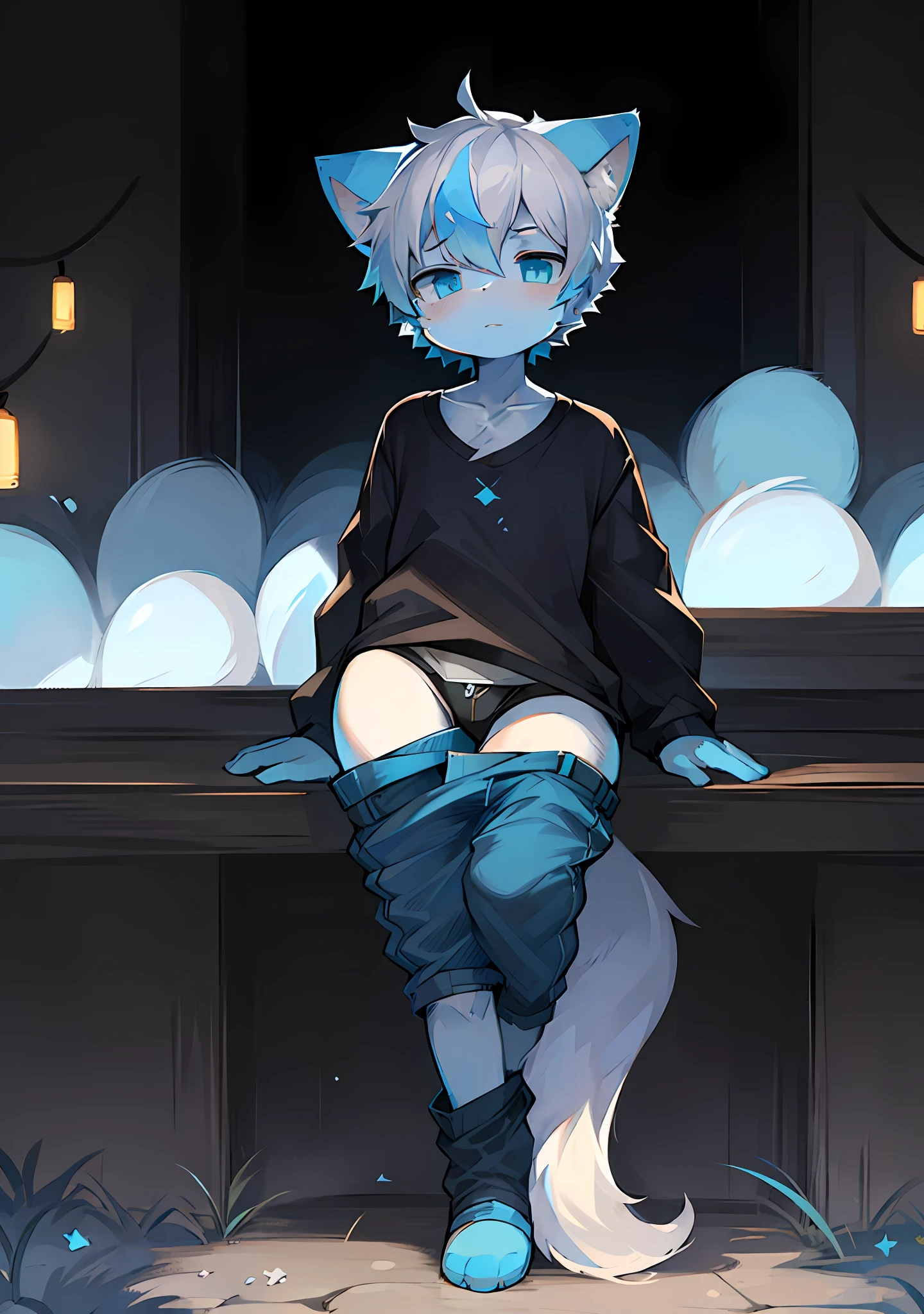A cat with white hair and blue body, short furry hair, white hair, cat ears, blue hair everywhere, big fluffy tail, humanoid, cute, shorts, shirt, human, furry male, thin, blue eyes, high quality portrait, pants off