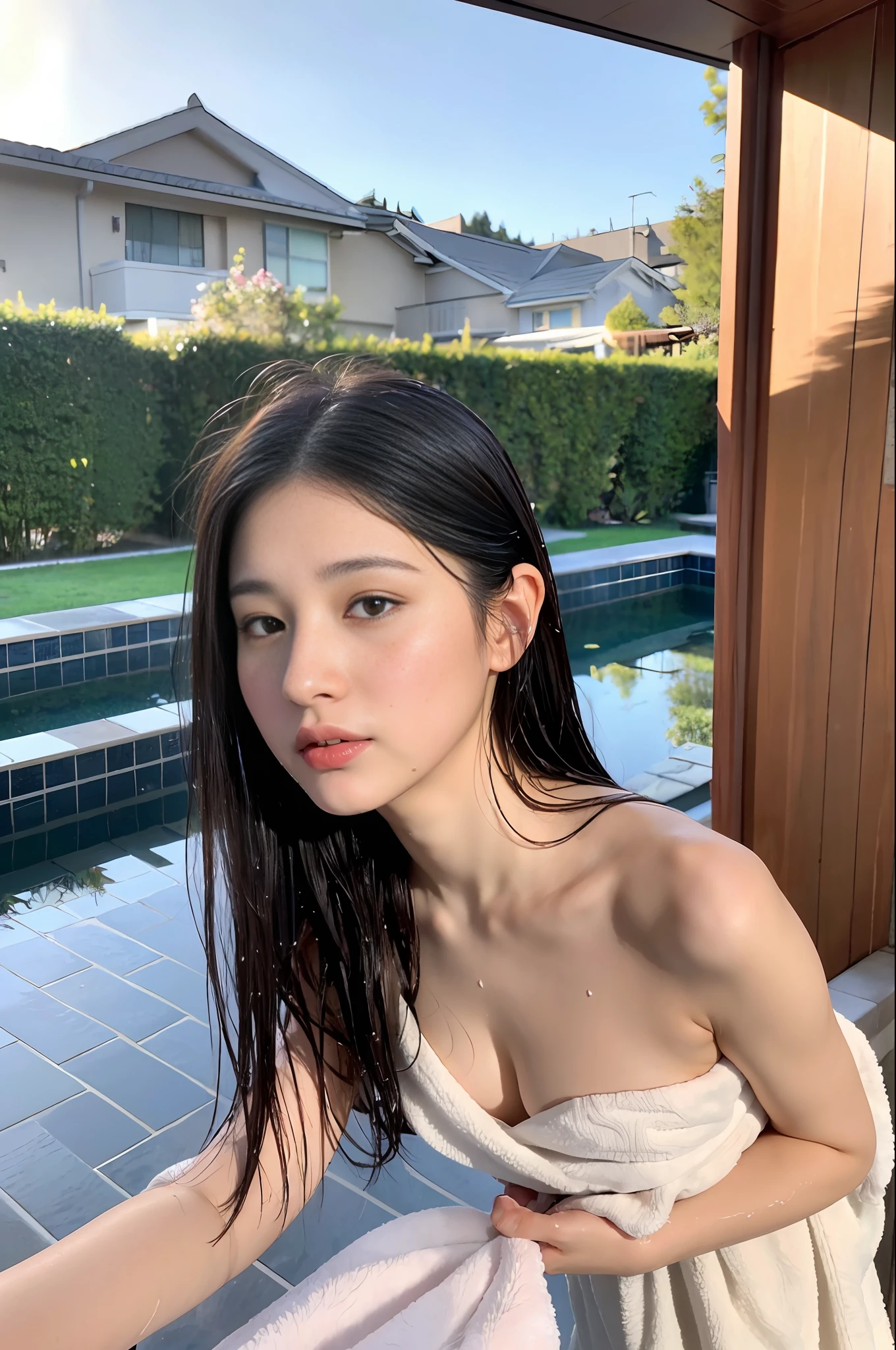 (8K, Best Quality, Masterpiece: 1.2), (Realistic, Photorealistic: 1.37), Ultra Detailed, Soft Light, One Girl, Cute, Solo, Beautiful Details Sky, Open Window, Blush, Pink Cheeks, (Shy Face: 1.15), (Shut Up), (Skinny: 1.7), (Flat Chest: 1.9), (Small Breast: 1.9), (Small Breast: 1.9), Beautiful delicate eyes, beautiful delicate nose, rain, (medium hair: 1.5), puffy novafrog style, visible, (black hair), squinted, thin eyebrows, mature face, ((towel slippery, wet skin, wet hair, wet face, disheveled hair)), arms outstretched, hands grabbing one side of the tub))), open-air bath, Japan hot spring, hot spring, night