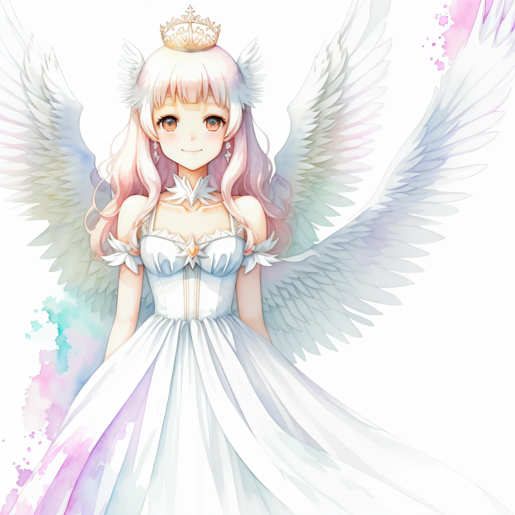 Perfect structure, (watercolor), digital illustration, symmetrical angel wings, lovely smile, anime style, pure white (Princess of Light: 1.2), highly detailed volume lighting, cute pastel colors, dynamic composition, sharp and clear image, (delicate, sublime: 1.2), beautiful person beyond words, sparkling