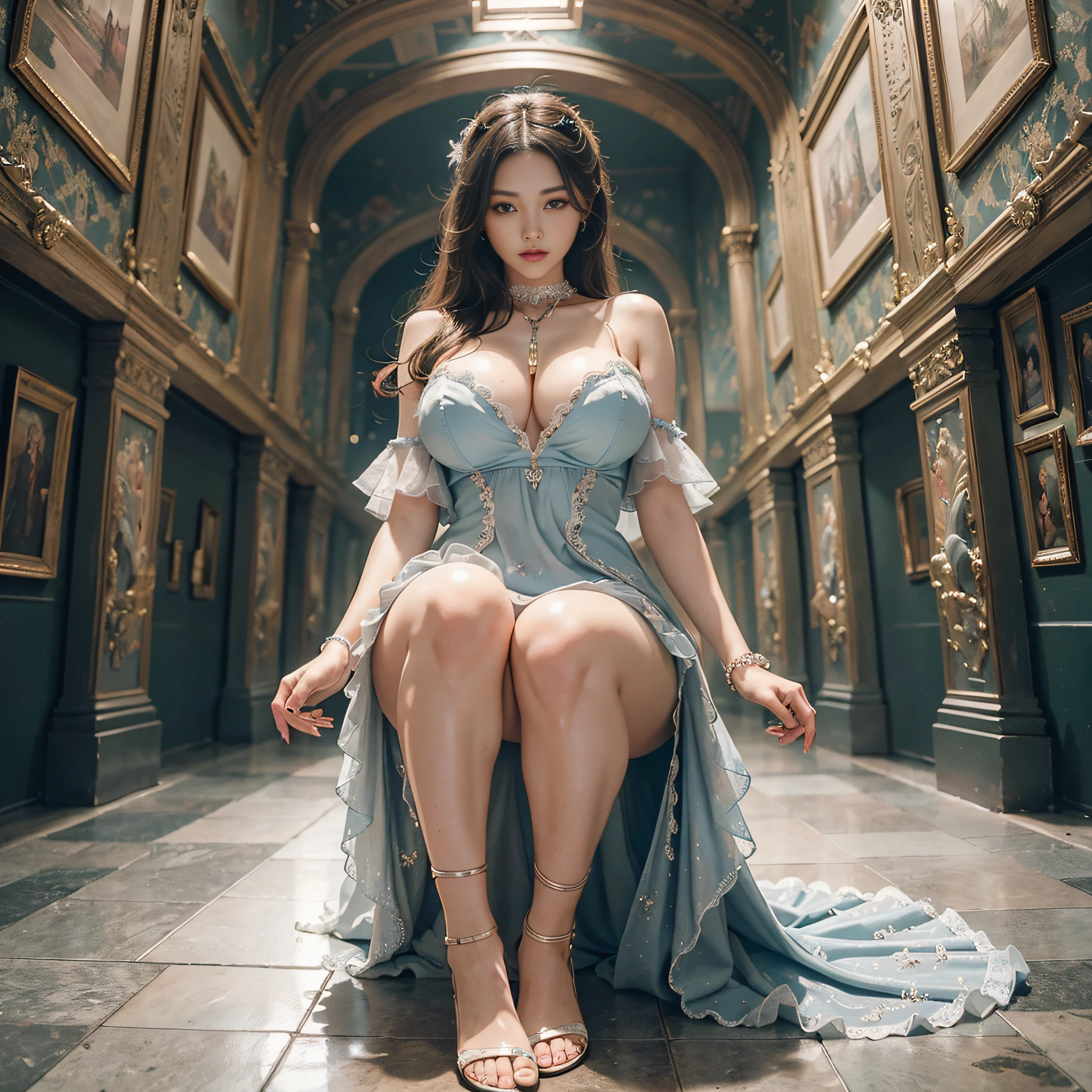 Top quality, high image quality, ultra-realistic, perfect anatomy. It portrays one beautiful woman who becomes a masterpiece, featuring symmetrical limbs, huge , glowing skin, double eyelids, and detailed eyes. Casual dresses, shoes and backgrounds are also random. Super careful down to the details, legs closed. Beautiful nails and fingertips