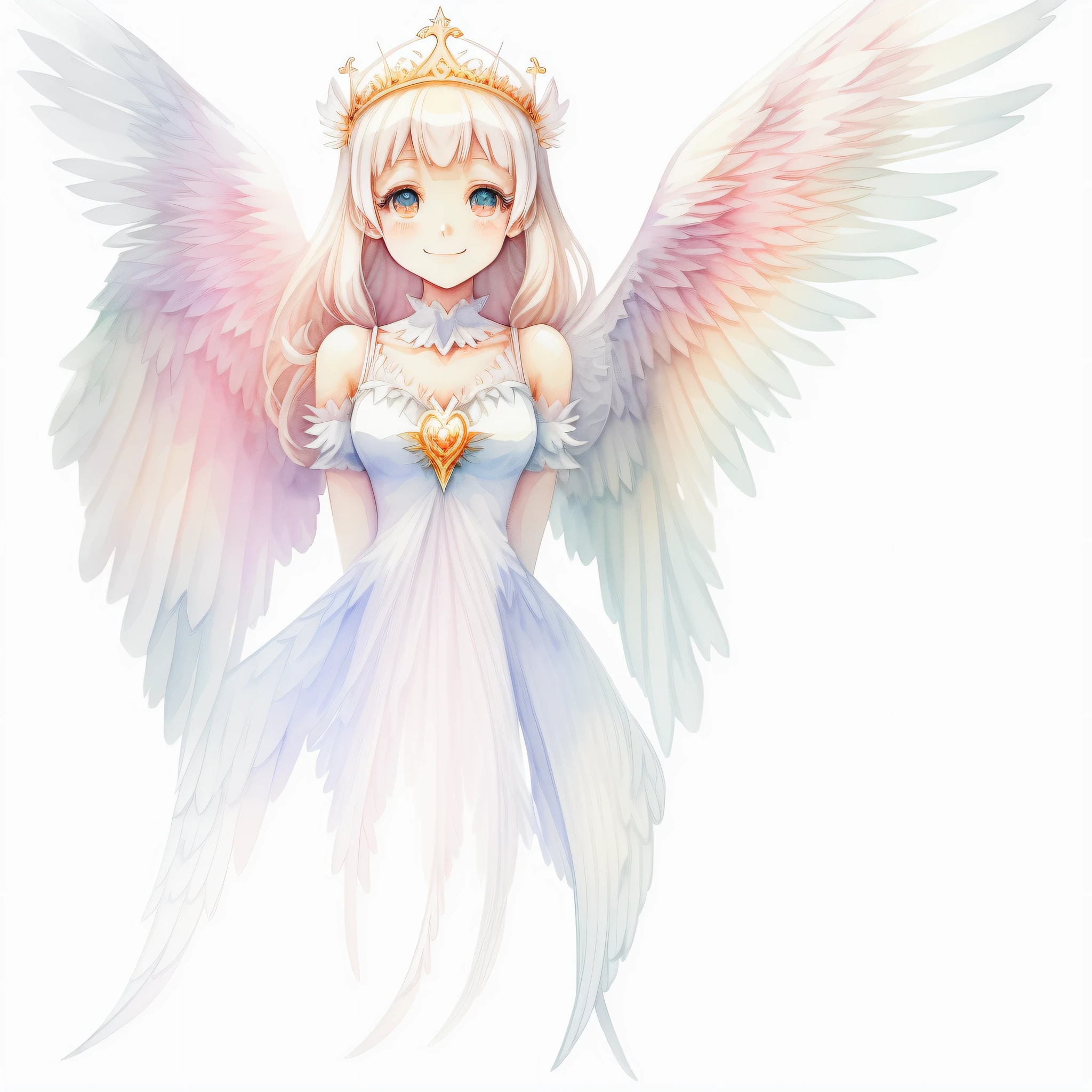 Perfect structure, (watercolor), digital illustration, symmetrical angel wings, lovely smile, anime style, pure white (Princess of Light: 1.2), highly detailed volume lighting, cute pastel colors, dynamic composition, sharp and clear image, (delicate, sublime: 1.2), beautiful person beyond words, sparkling