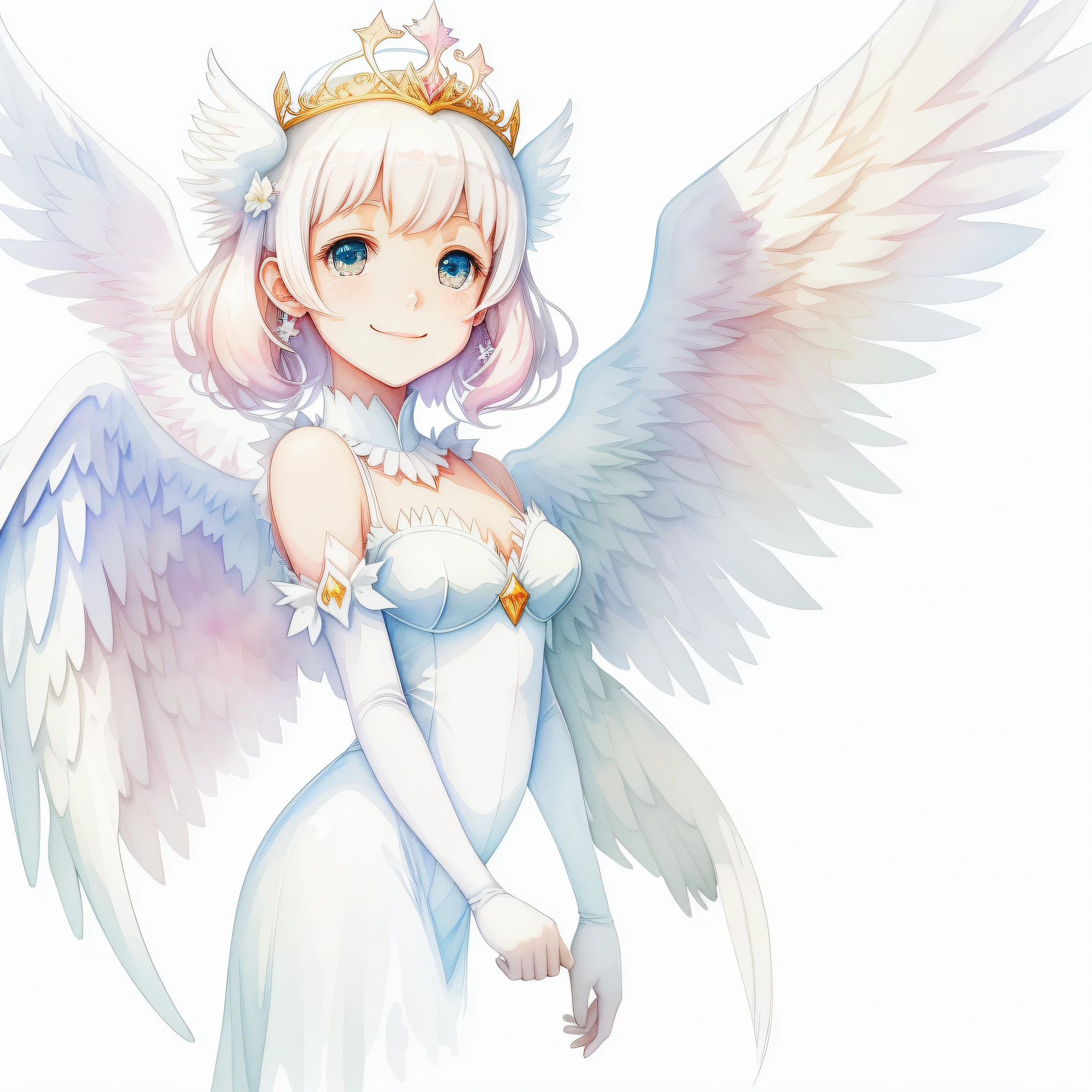 Perfect structure, (watercolor), digital illustration, symmetrical angel wings, lovely smile, anime style, pure white (Princess of Light: 1.2), highly detailed volume lighting, cute pastel colors, dynamic composition, sharp and clear image, (delicate, sublime: 1.2), beautiful person beyond words, sparkling