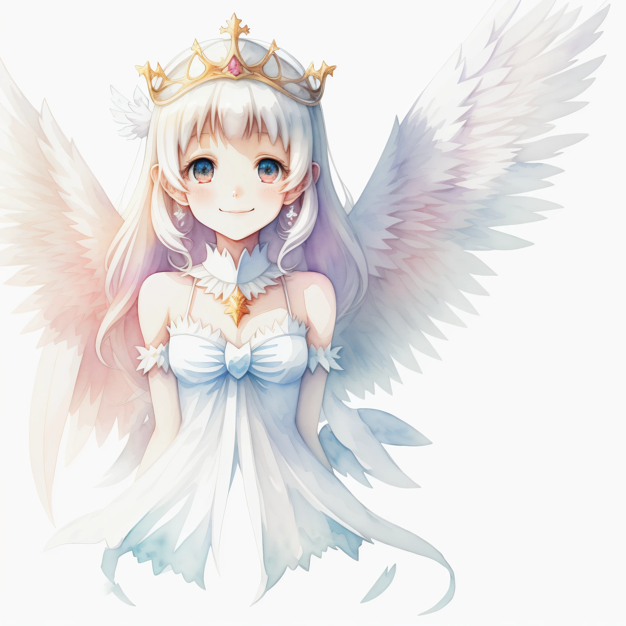 Perfect structure, (watercolor), digital illustration, symmetrical angel wings, lovely smile, anime style, pure white (Princess of Light: 1.2), highly detailed volume lighting, cute pastel colors, dynamic composition, sharp and clear image, (delicate, sublime: 1.2), beautiful person beyond words, sparkling