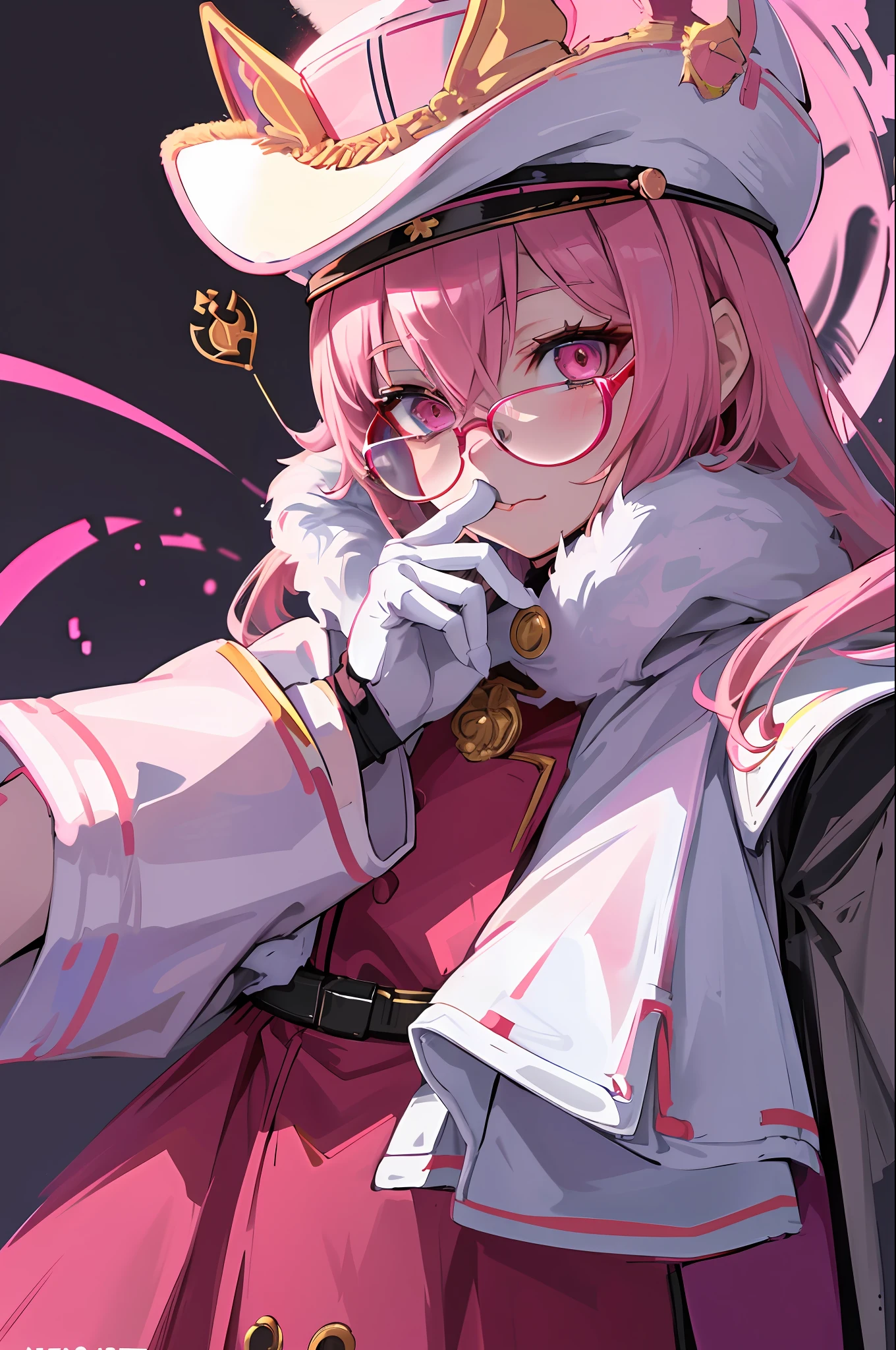 (masterpiece, best quality)), (Anthro Furry:1.3, muzzle:1.2, Anthro:1.3, furry:1.2, closeup:1.2, female solo:1.2, (wearing Russian military coat) military pants, wearing glasses, Fox coiled in the colors of Funtime Foxy,Five Nights at Freddy,white skin pink details, pink eyes, white glove with 5 fingers, , sexy position, deserted ambient place, Russian general military hat.