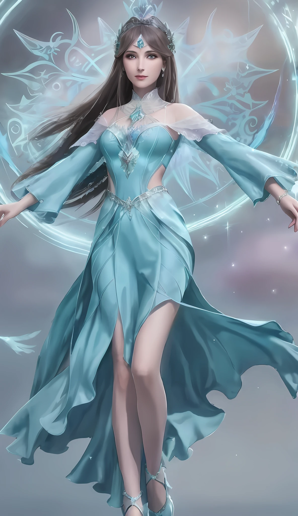 a woman in a blue dress is standing in front of a circular object, ice sorceress, elfic priestess, ethereal fantasy, beautiful ancient frost witch, flowing magical robe, beautiful celestial mage, a beautiful sorceress, fae priestess, ((a beautiful fantasy empress)), of ethereal fantasy, beautiful sorceress, clothed in ethereal armor