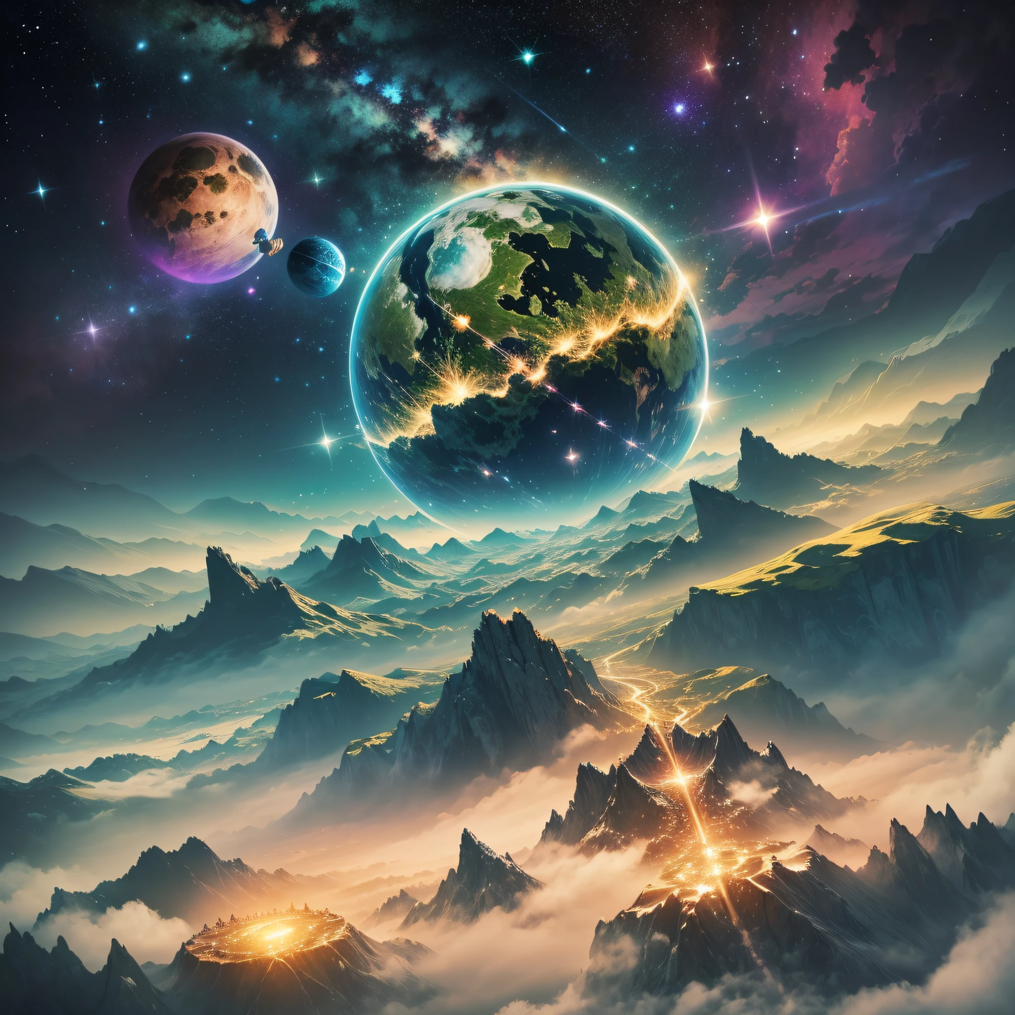 A huge planet, twinkling lights, green fields, surrounded by mountains and clouds: 1.3), particles in the air, the light of God, stars in the background, intricate fractals, detailed, (illustration), masterpiece, high resolution, best quality. --auto --s2