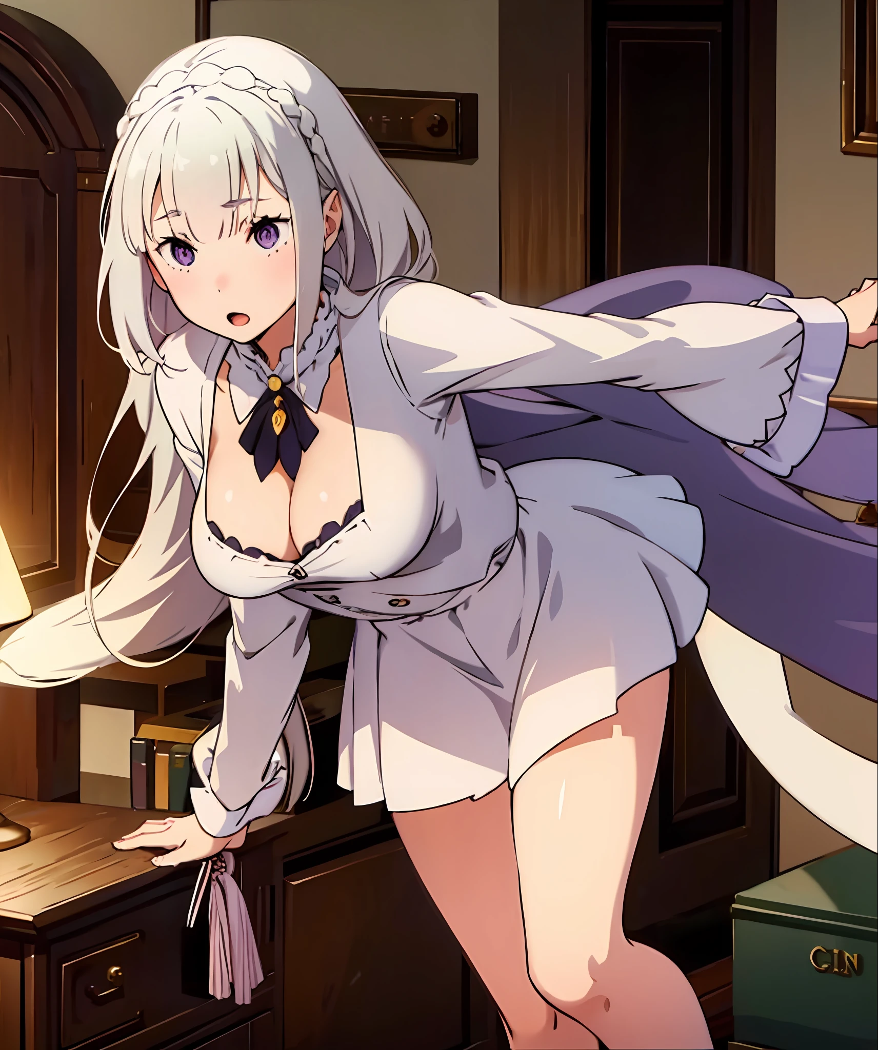 sexy, Emilia, 1 girl, short skirt, cleavage, medium breast, bedroom, nervous