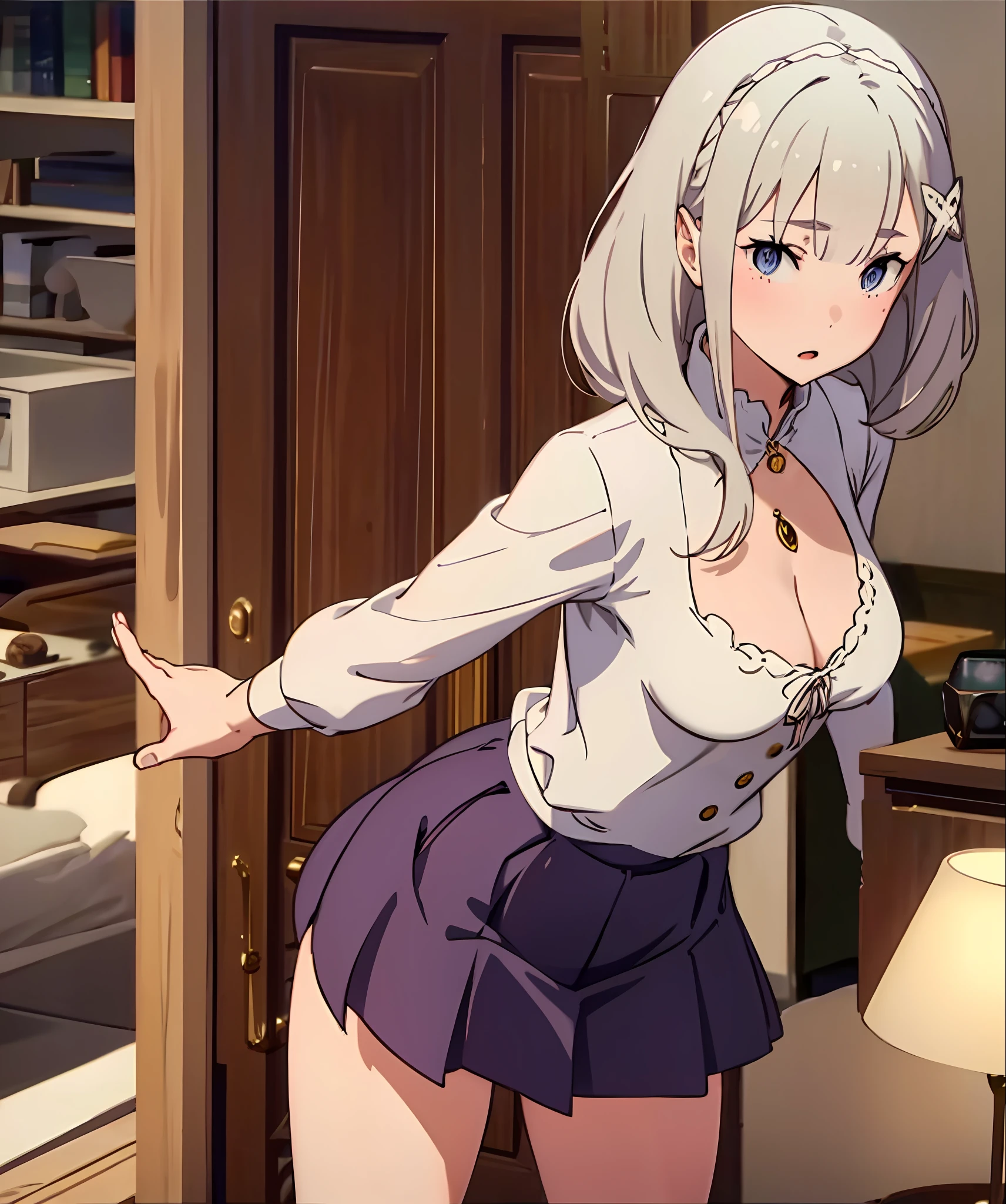 sexy, Emilia, 1 girl, short skirt, cleavage, medium breast, bedroom, nervous