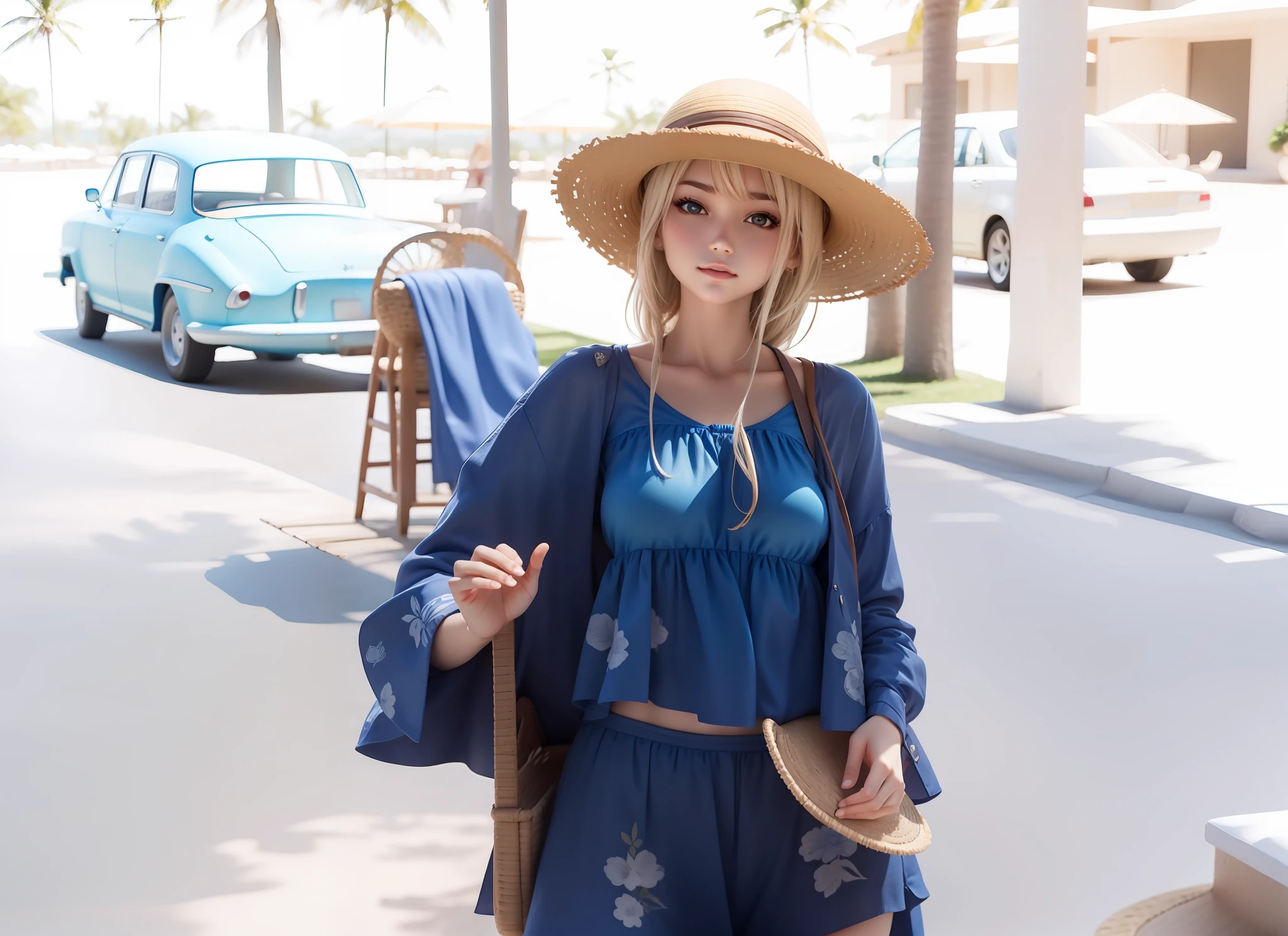 Blue bikini girl in straw hat
