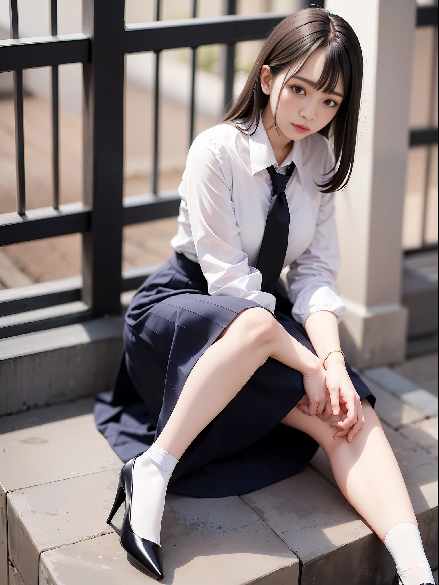One adult woman in Japan with pale lighting, white blouse, tie, navy blue long skirt, plain white silk ankle-length socks (((wearing black pumps))) and faint smile