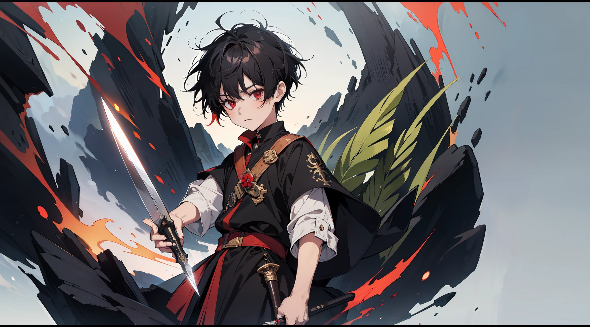 (Ridiculous, High Resolution), (Panorama), Boy, Red Eyes, Short Hair, Black Hair, Holding a Short Knife, Extreme Detail, Battle, Dryad, Magic Wind,