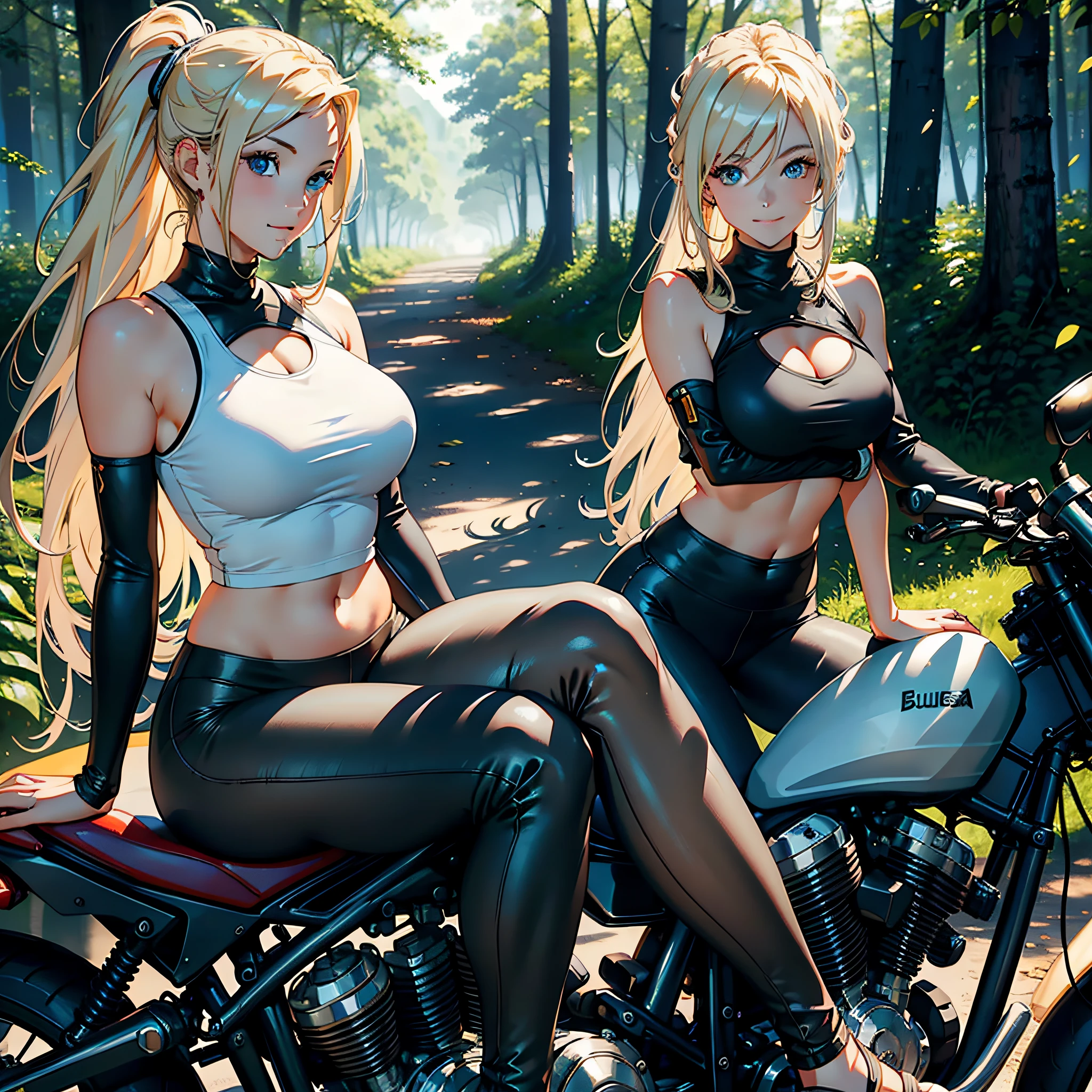 Best quality, masterpiece, super high resolution, original photo, a woman sitting on a motorcycle, long blonde flowing hair, yoga pants, white top with bare shoulders, busty figure, forest, glowing skin, light smile