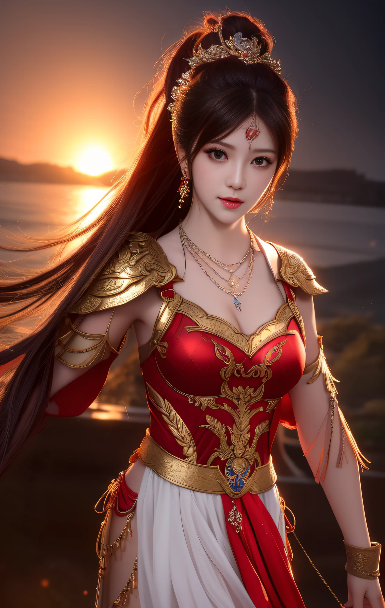 Best Quality, Masterpiece, High Resolution, 1 Girl, Red Metal Bikini Armor, Cuirass Gold Pattern, Full Body, Hair Accessory, Necklace, Jewelry, Beautiful Face, Physics, Tyndall Effect, Realism, Dark Studio, Edge Lighting, Two-tone Lighting, (High Detail Skin: 1.2), 8k UHD, DSLR, Soft Light, High Quality, Volumetric Light, Voyeur, Photo, High Resolution, 4K, 8K, Background Bokeh Best Quality, Masterpiece, High Resolution, 1 Girl, Red Metal Bikini Armor, Cuirass Gold Pattern, Hair Accessories, Necklace, Jewelry, Beautiful Face, Physics, Tyndall Effect, Realistic, Dark Studio, Edge Lighting, Two-tone Lighting, (High Detail Skin: 1.2), 8k UHD, DSLR, Soft Light, High Quality, Volumetric Light, Voyeur, Photo, High Resolution, 4K, 8K, Forest Background, Horseback Riding, Ponytail Hair