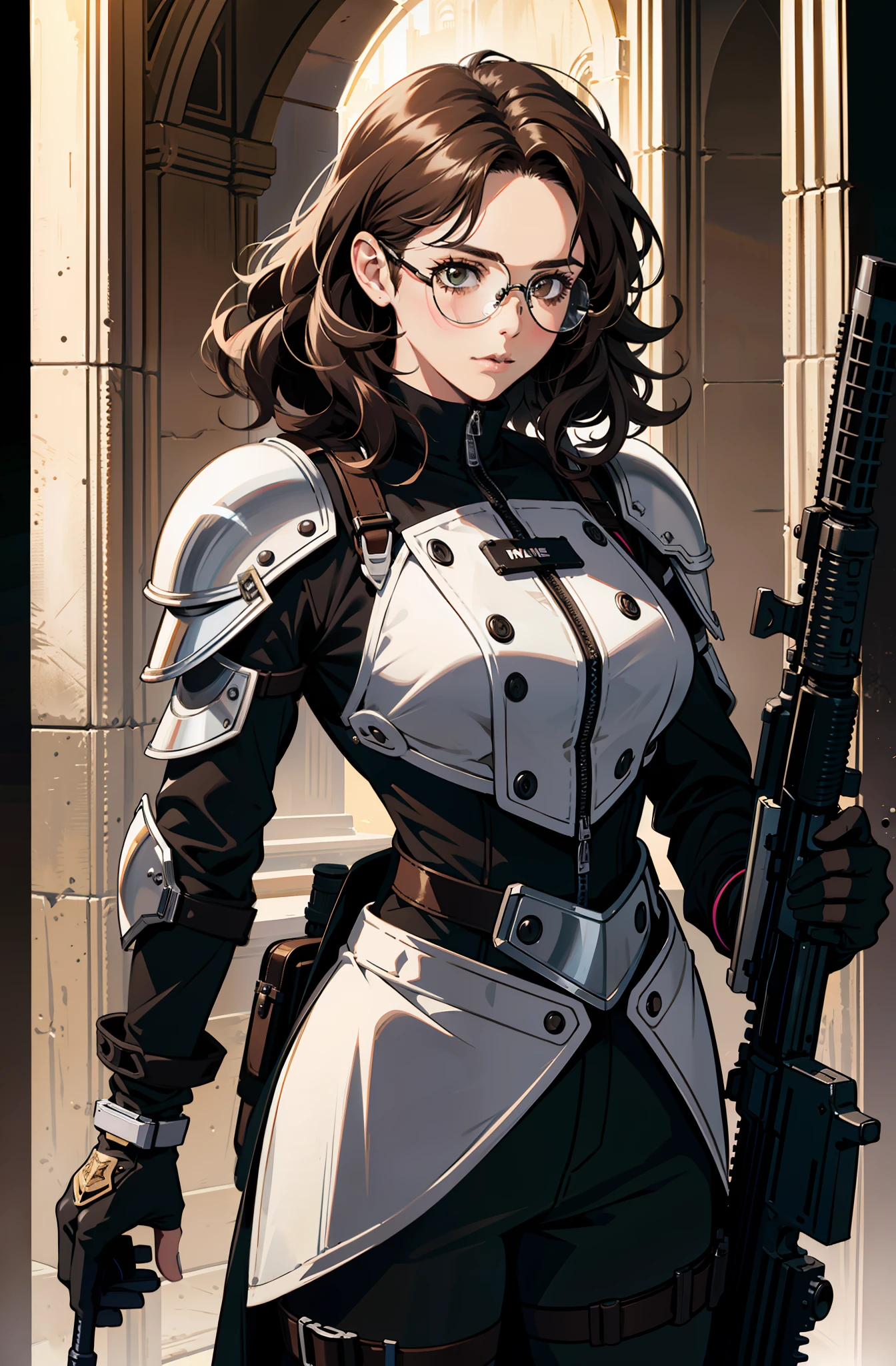 19 year old girl with medium curly hair,wearing transparent glasses,half defined detailed face,brown eyes, wearing black armor and holding a gun,great resolution,resembling a video game character