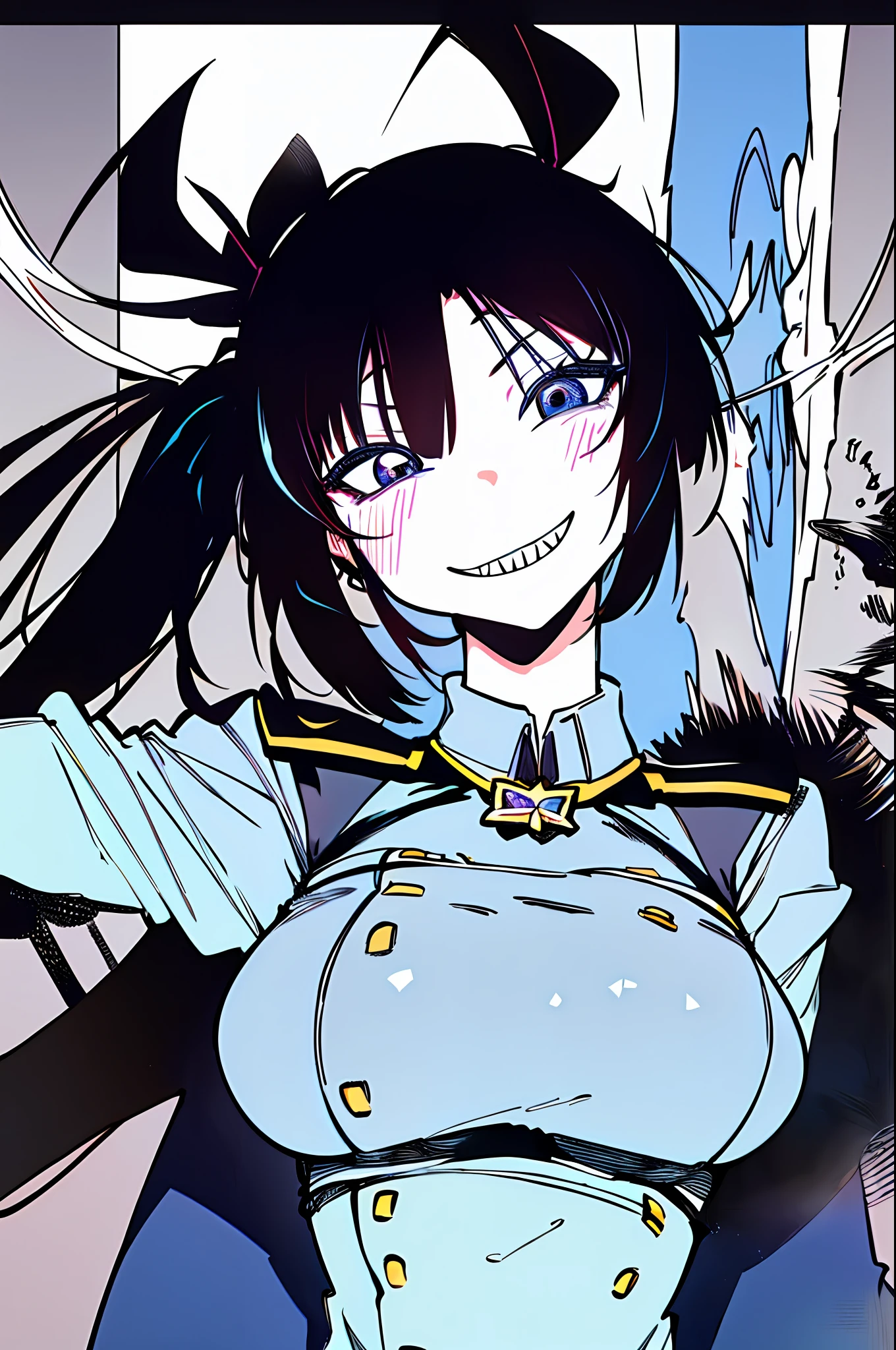 masterpiece,  1girl,   smile, close-up, upper body, (monochrome:0.8), blue taint, sharp teeth, Black hair. Ponytail. Black eyes. Black military uniform. Anime girl. Magical girl. Double teeth. High quality. Perfect body. Large breasts. Bust up. anime key visual. 8k,