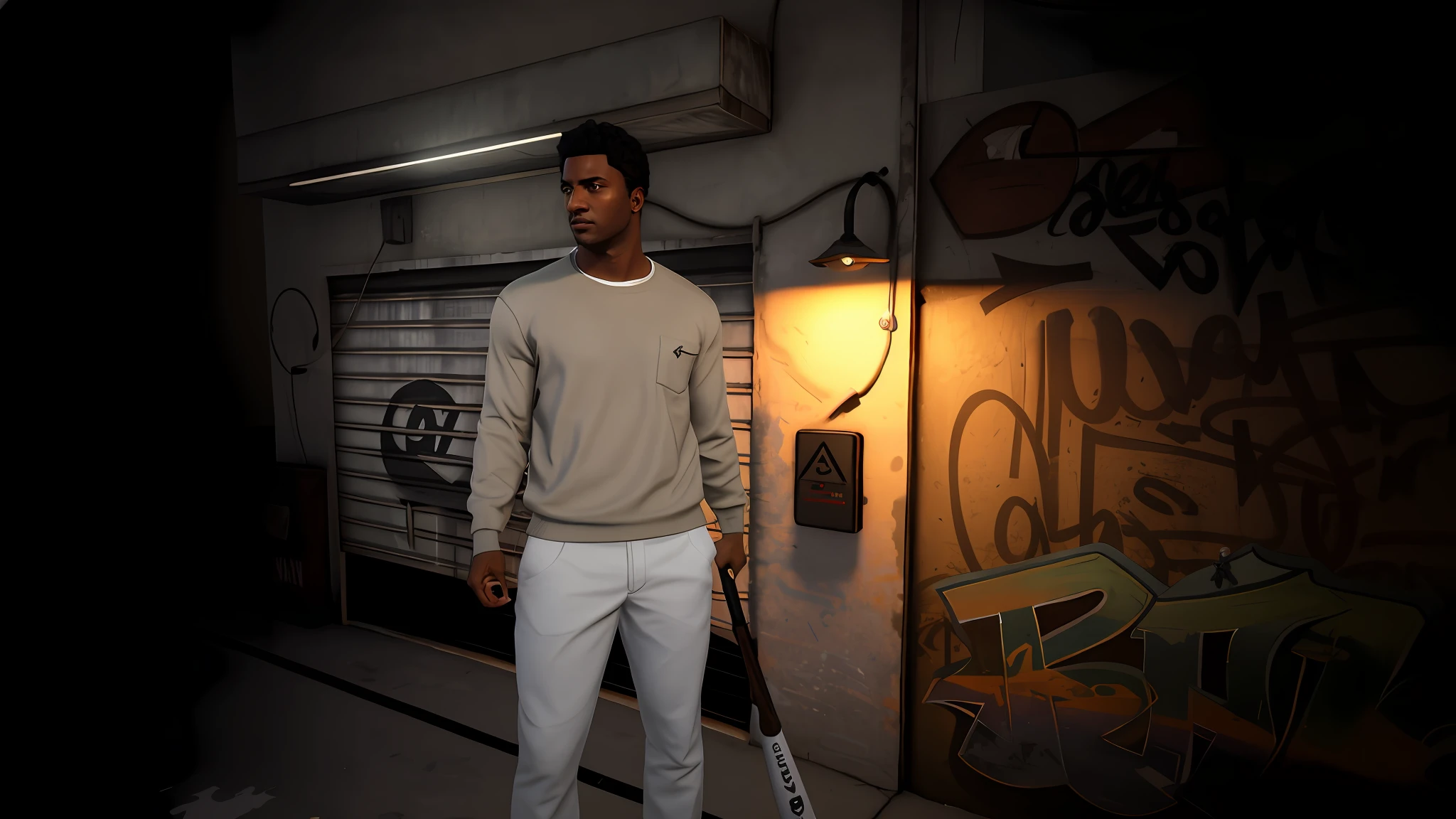 arafed man in a tan sweater and white pants holding a baseball bat, ( ( dark skin ) ), casual streetwear, second life avatar, street clothes, standing in an alleyway, no hood | | realistic shaded, casual pose, gta v street style, full body shot hyperdetailed, wearing off - white style, inspired by Michael Gustavius Payne