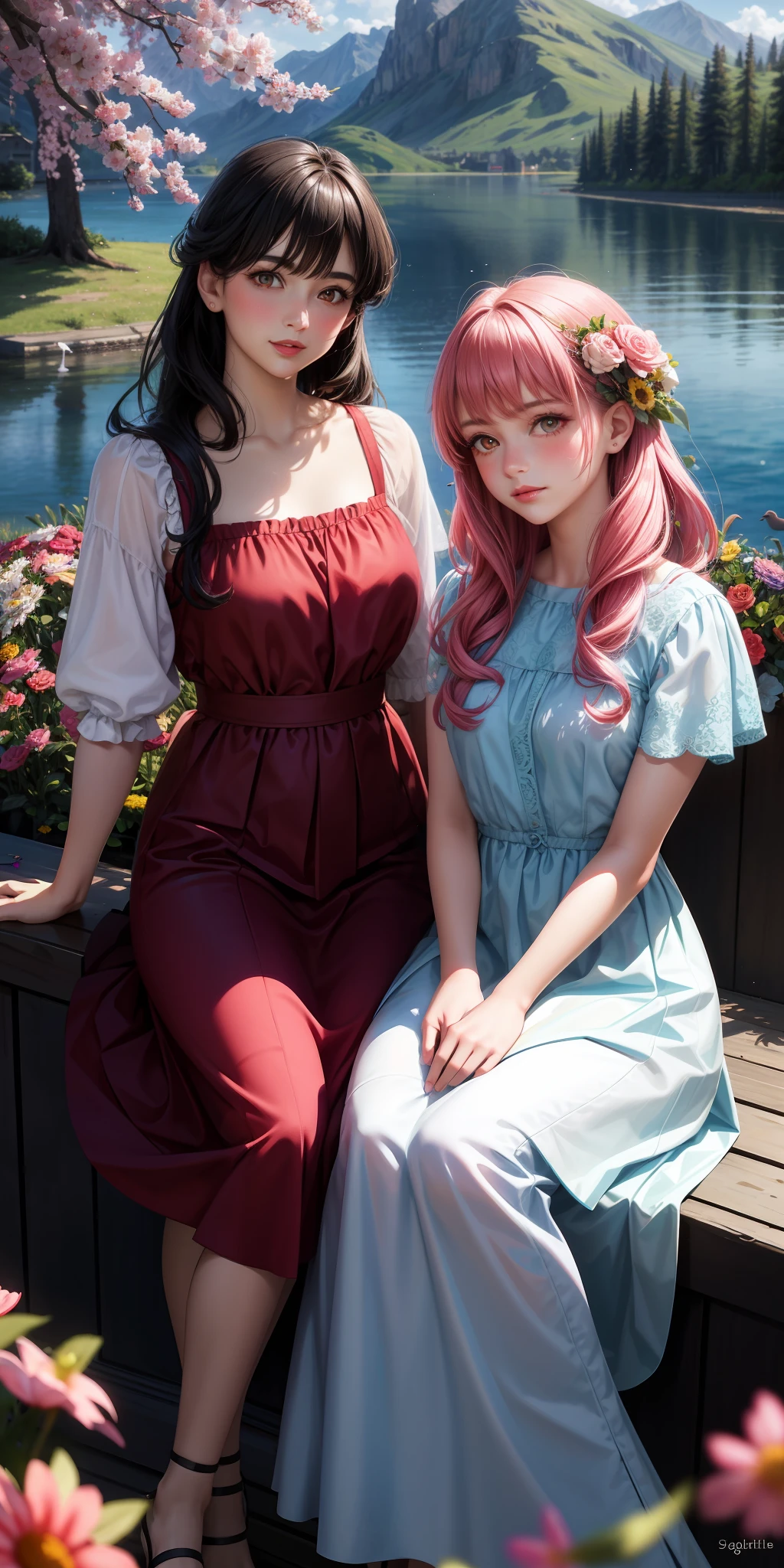 realistic, 2 girls, bright eyes, colorful hair, red eyes, flowery dress, skirt, lips ajar, blush, sunlight, flowers, field, lake, boat, birds, crowd
