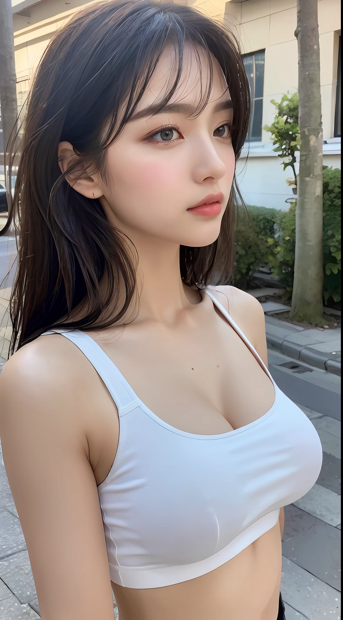 ((Best Quality, 8K, Masterpiece: 1.3)), Sharp: 1.2, Perfect Body Beauty: 1.4, Slim Abs: 1.2, ((Layered Hairstyle, : 1.2)), (Wet White Cut Top: 1.1), (Rain, Street: 1.2), Wet Body: 1.5, Highly Detailed Face and Skin Texture, Detailed Eyes, Double Eyelids, Side Face Looking at the Camera