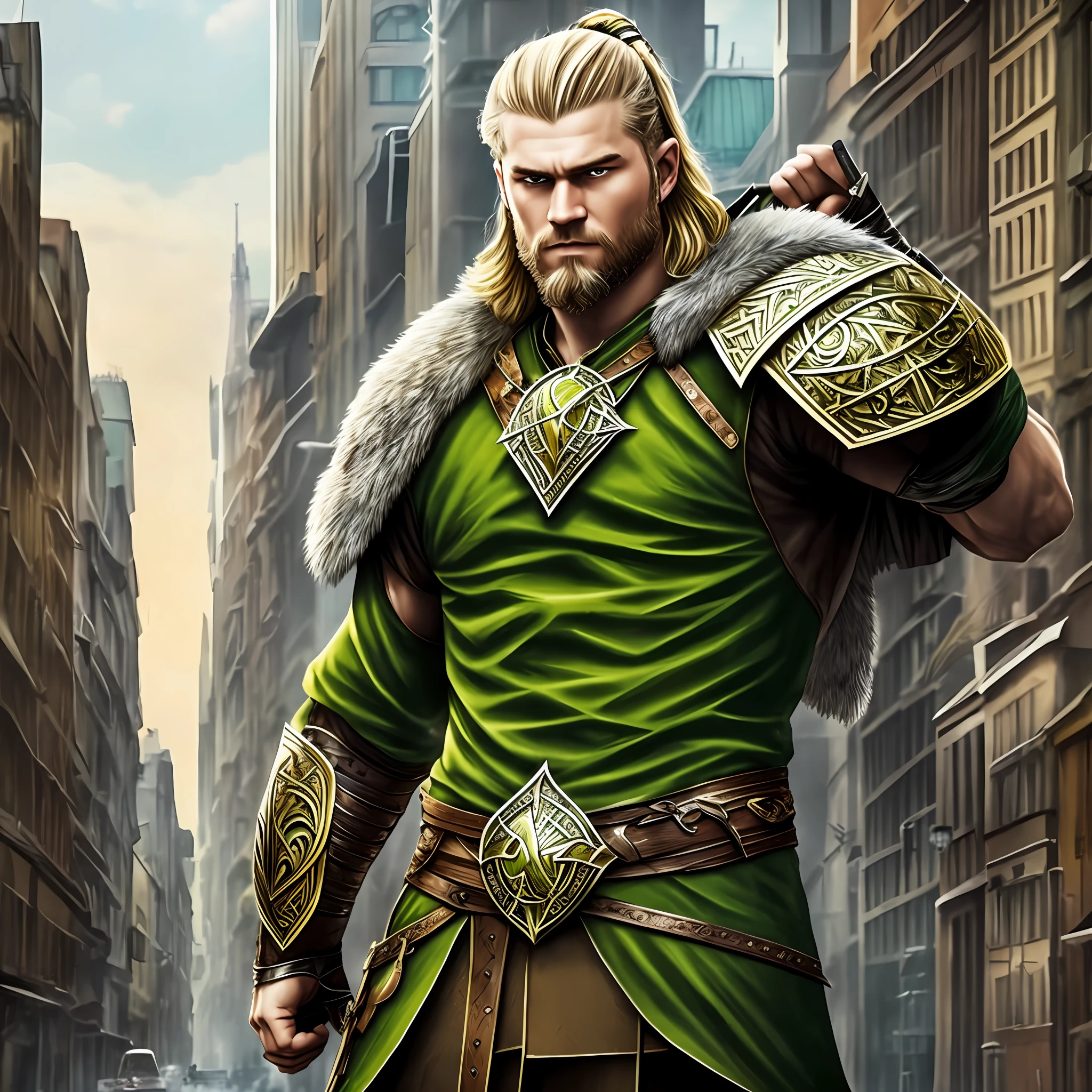blond, tall, green-eyed guy, viking style, russian hero style, strong, modern clothes, modern city, city, streets --auto --s2
