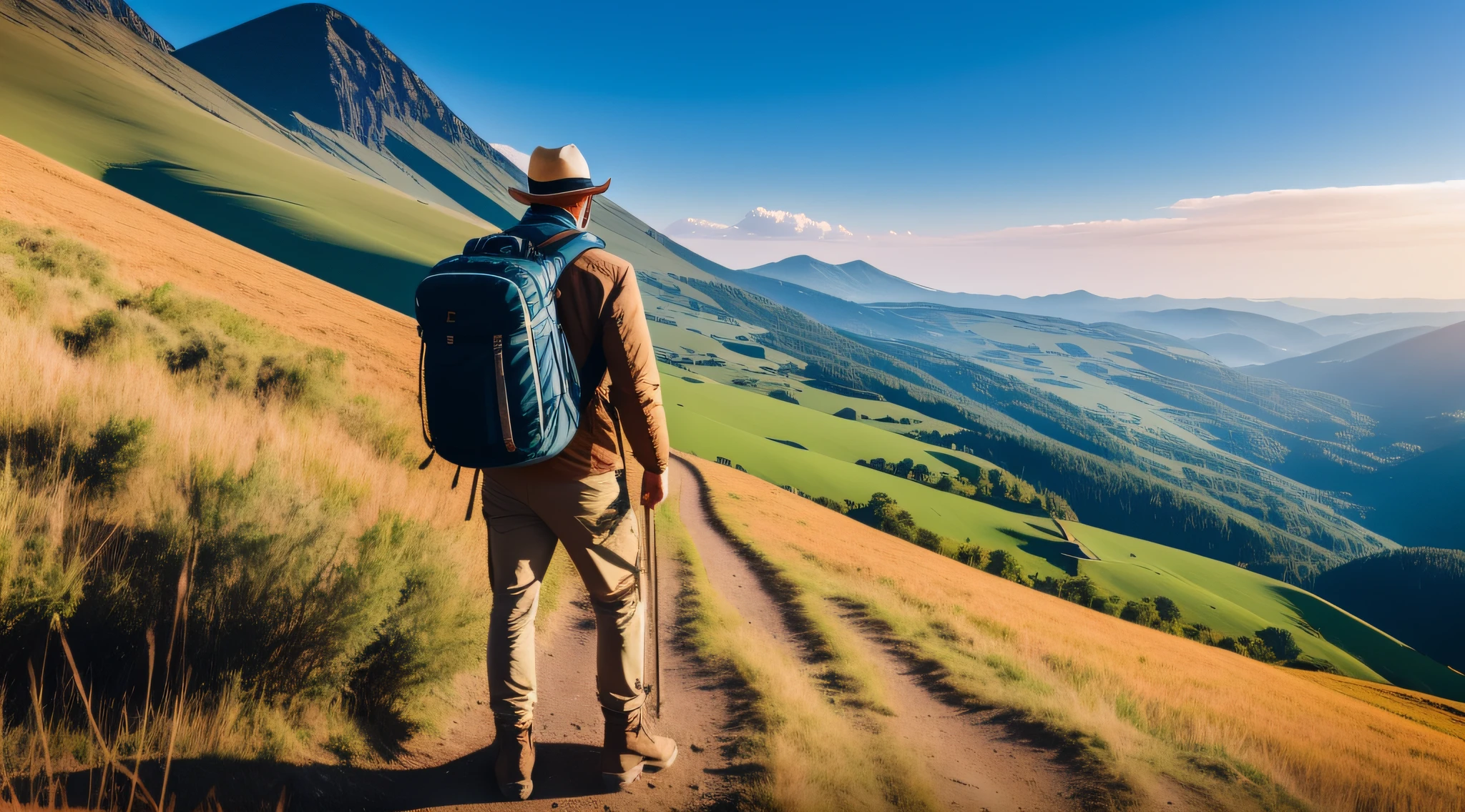 an image with a man looking hopefully up at the sky. Man may be in a natural environment such as a field or a hill. The colors of the image should be soft and welcoming