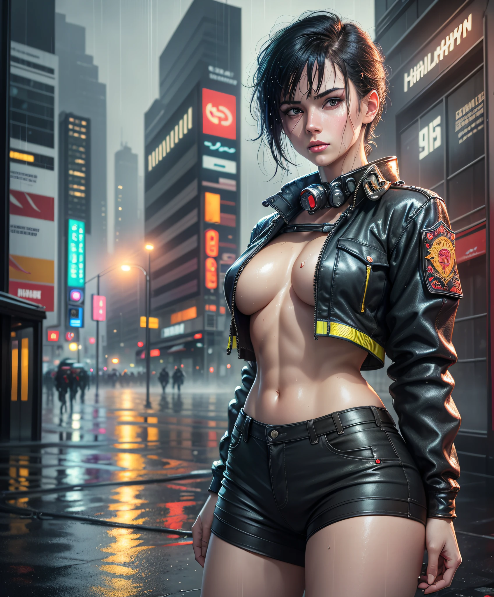 Masterpiece, best quality, high-resolution, realistic, woman, firefighter, rainy wet weather, soaking wet skin, raindrops, thunderstorm, blade runner, dystopia, science fiction, biomechanical details, bright neon lights, dark threatening buildings, bare chest, big chest muscles, pale skin, pulled down pants, short black hair, ((young)) --auto --s2