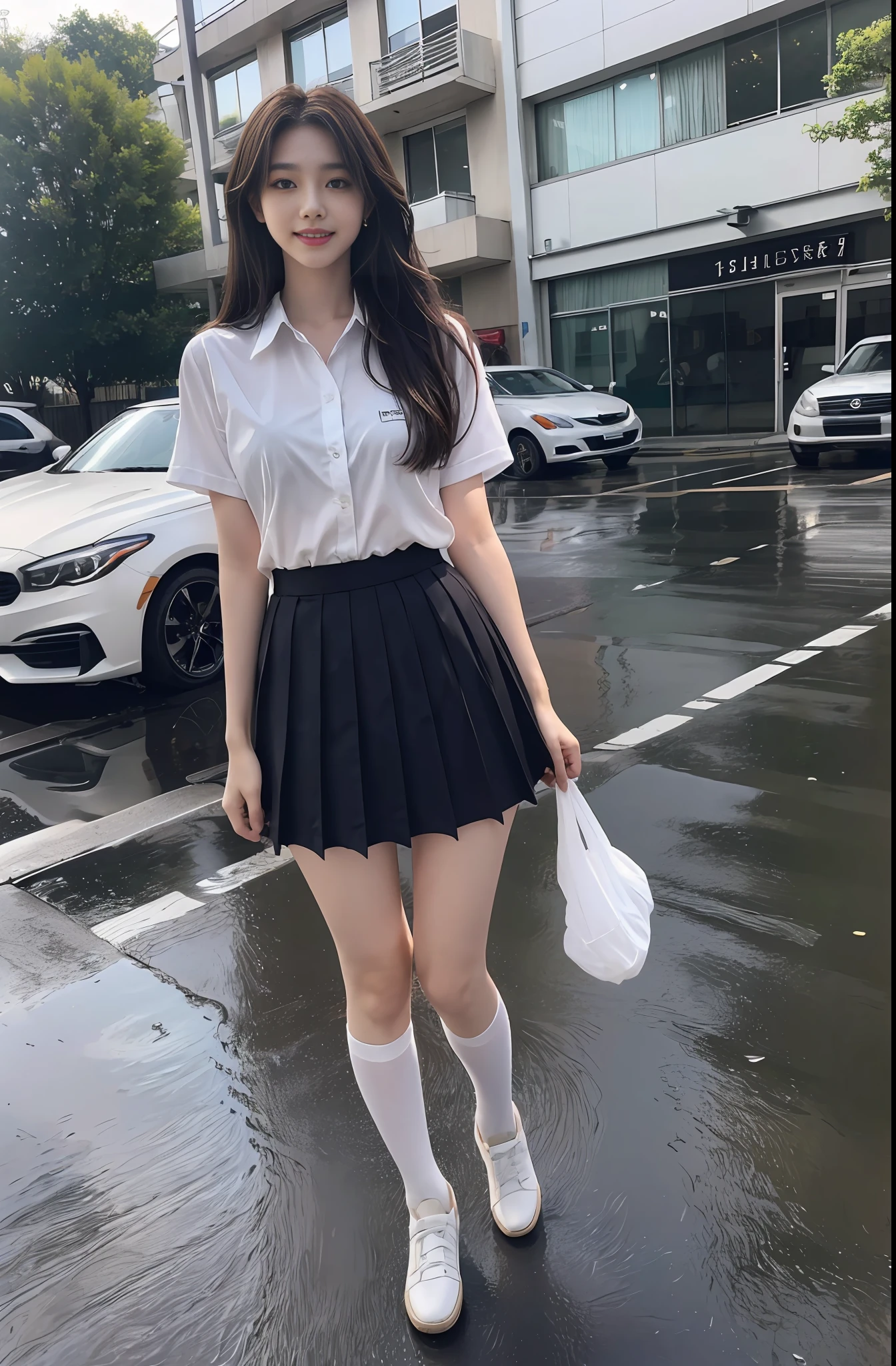 (Realistic, Photo Realistic: 1.37), (Masterpiece), (Best Quality: 1.4), (Ultra High Resolution: 1.2), (RAW Photo: 1.2), (Sharp Focus: 1.3), (Smile: 1.2), Brunette Hair, (Long Hair), Slim Figure, Slim Waist, One Girl, (High School Summer Uniform: 1.5), (JK Style: 1.3), On the Stree, Short Sleeve School Uniform, Panorama, (Full Body), Beautiful and delicate eyes, Messy hair, Long hair fluttering in the wind, (ulzzang-6500: 1.2), (rain, see-through, wet hair, wet clothes: 1.3),