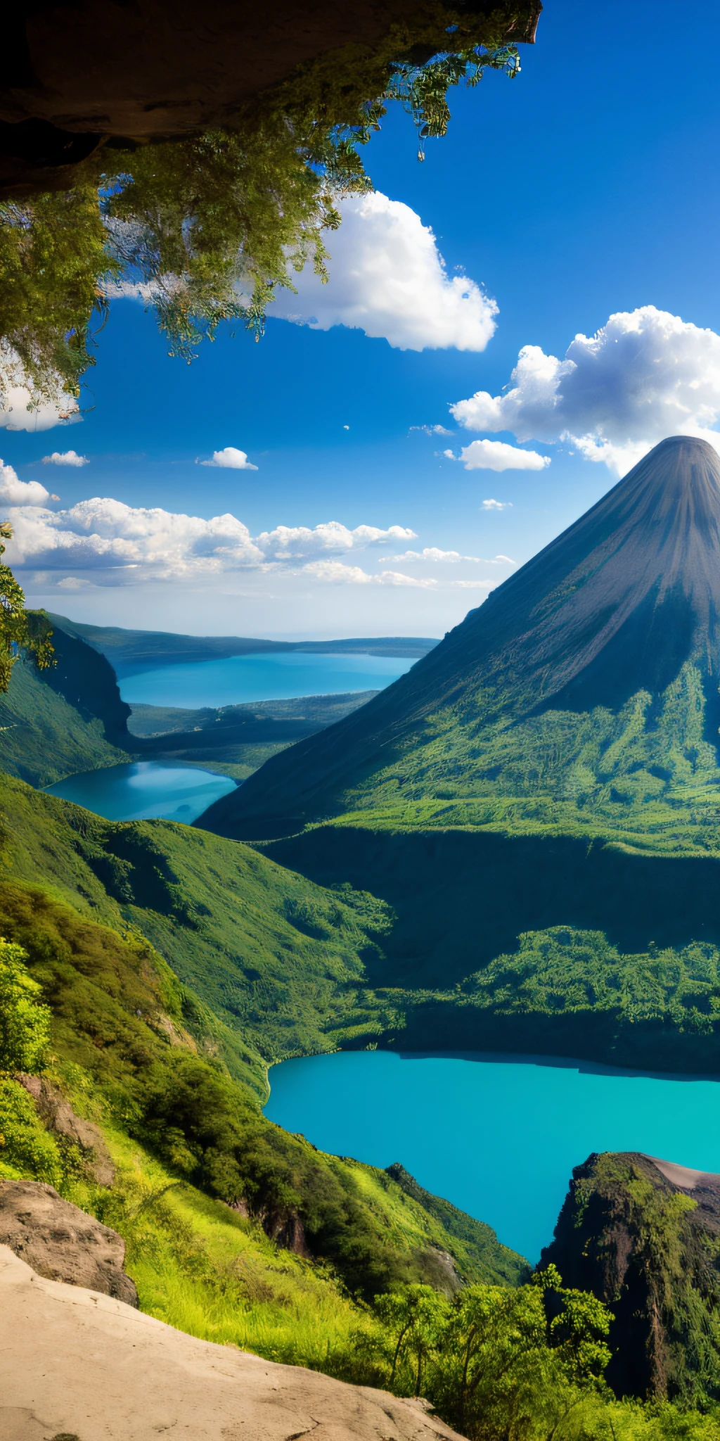 scenery, outdoor, sky, cloud, day, no humans, mountain, panorama, water, tree, blue sky, waterfall, cliff, nature, lake, river, cloudy sky and a volcano
