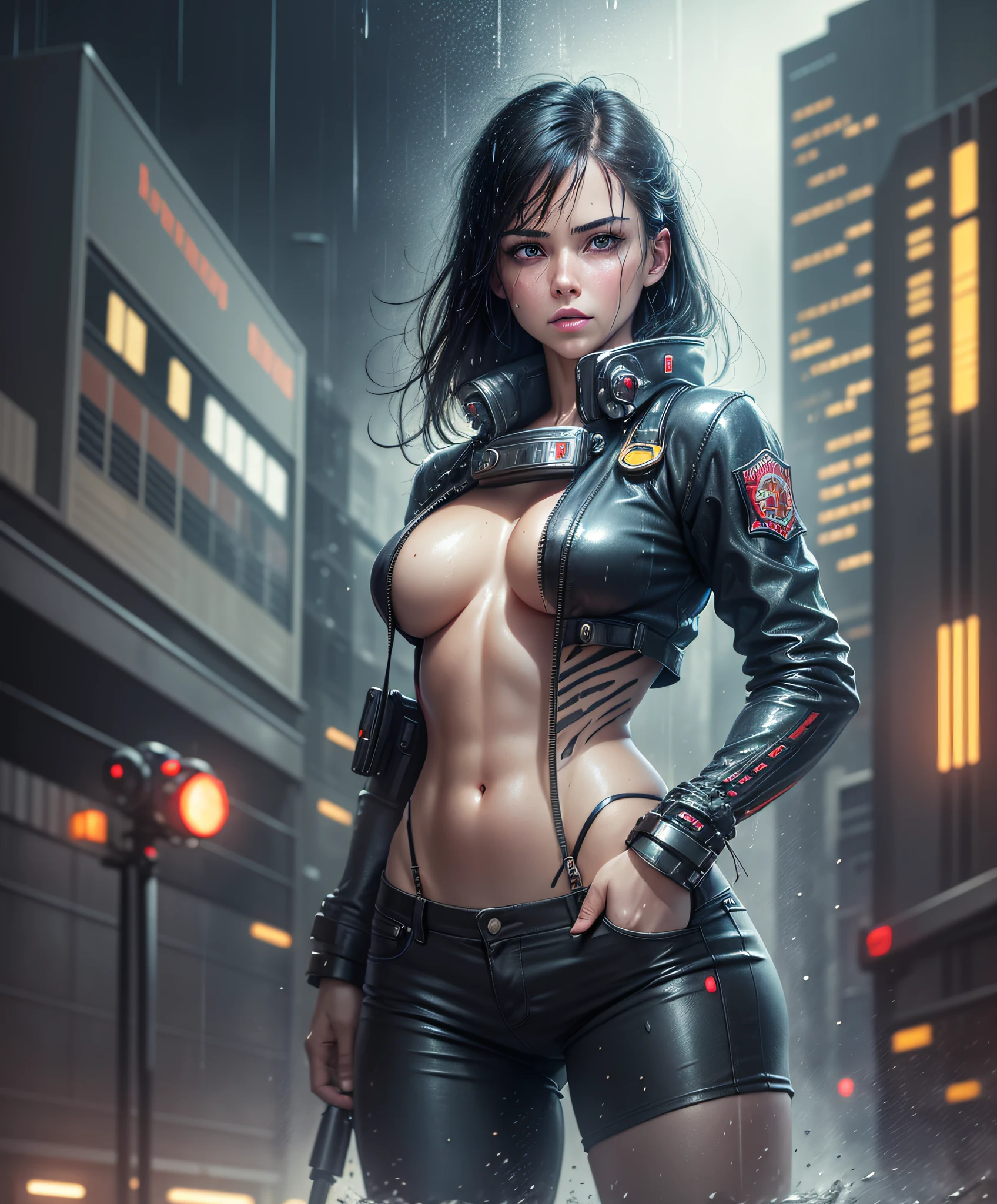 Masterpiece, best quality, high-resolution, realistic, woman, firefighter, rainy wet weather, soaking wet skin, raindrops, thunderstorm, blade runner, dystopia, science fiction, biomechanical details, bright neon lights, dark threatening buildings, bare chest, big chest muscles, pale skin, pulled down pants, short black hair, ((young)) --auto --s2