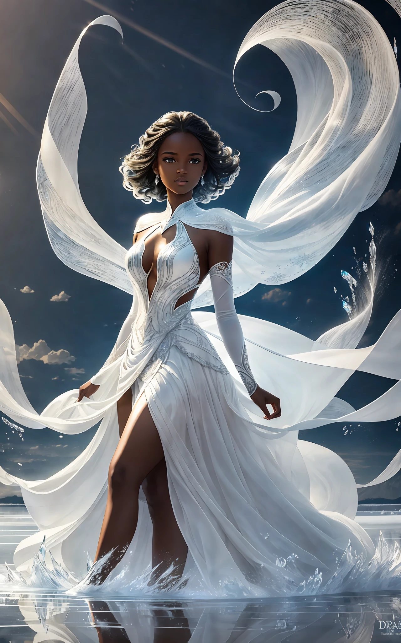 award winning 64k concept art of (black 1girl:1.2) in white majestic open dress standing proudly on the ice, posing, epic, god rays, centered, upper body, (masterpiece:1.2), (best quality:1.2), Amazing, highly detailed, beautiful, finely detailed, warm soft color grading, Depth of field, extremely detailed 64k, fine art, stunning, iridescent, shiny, (light reflections:1.2), (crisp:1.5), silver curls, wind, vibrant, sunlit, (edge detection:1.2), absurdres, impressive, 120mm