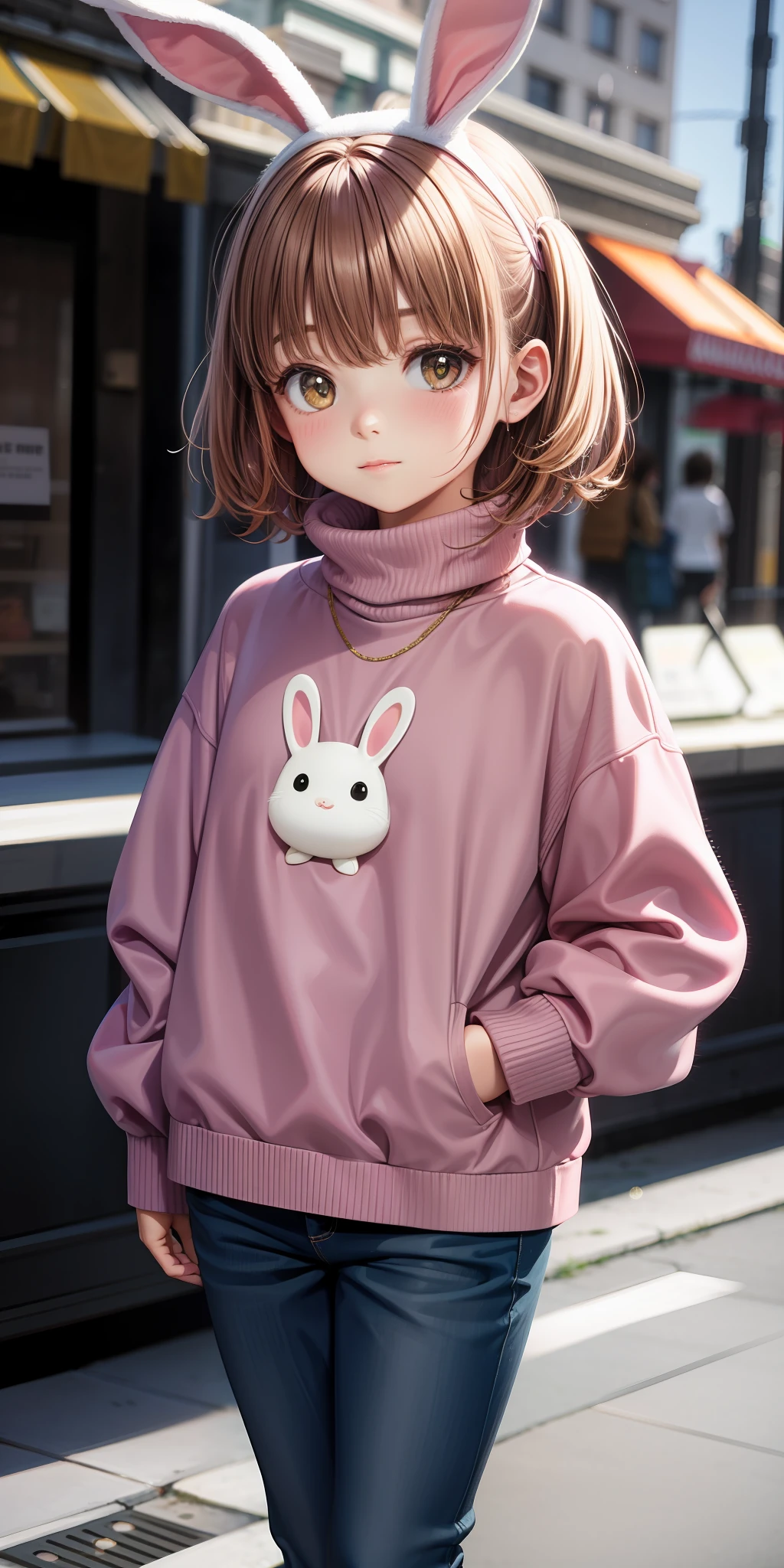 Kids, turtleneck sweater, pink, thickened, cute bunny