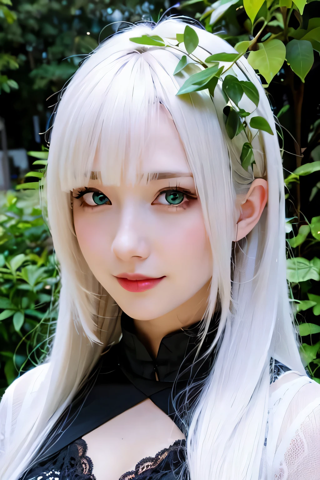 (8k), (best quality), (masterpiece:1.2), (realistic), (photorealistic:1.37), ultra-detailed, (kiss),1girls,cute,smile, long_hair,Green plants,beautiful detailed eyes, beautiful detailed nose, full body,huge breasts,dalcefo,pigsney, woman, White hair