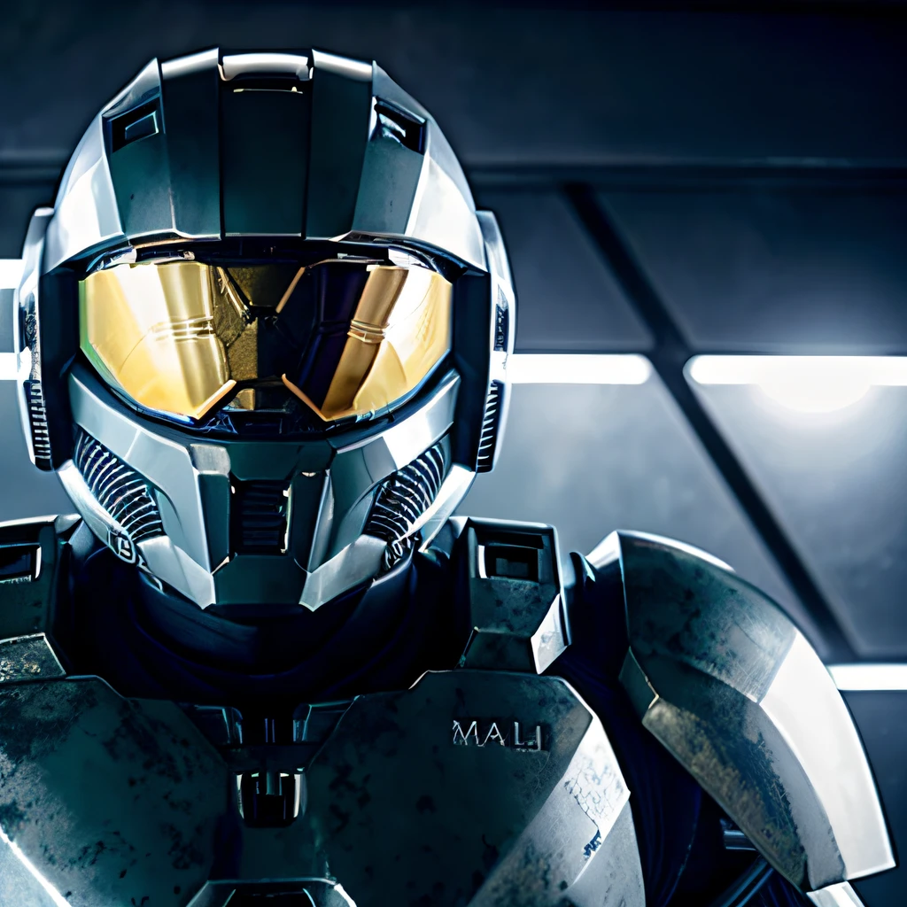 man with halo armor, in a space base,lightly rusty halo armor, professional photo, milky way