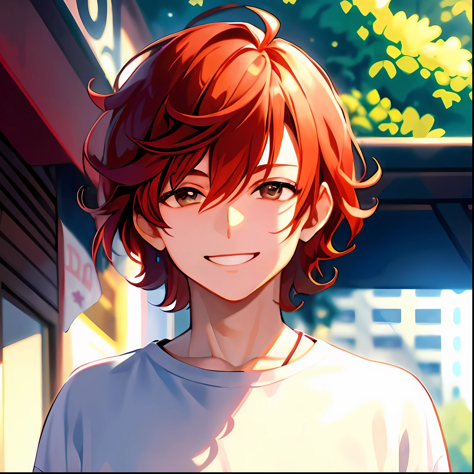 (high quality anime style illustration), a young man with a (happy smile) and [curly red hair:1.4], (warm and inviting portrait) with great attention to detail
