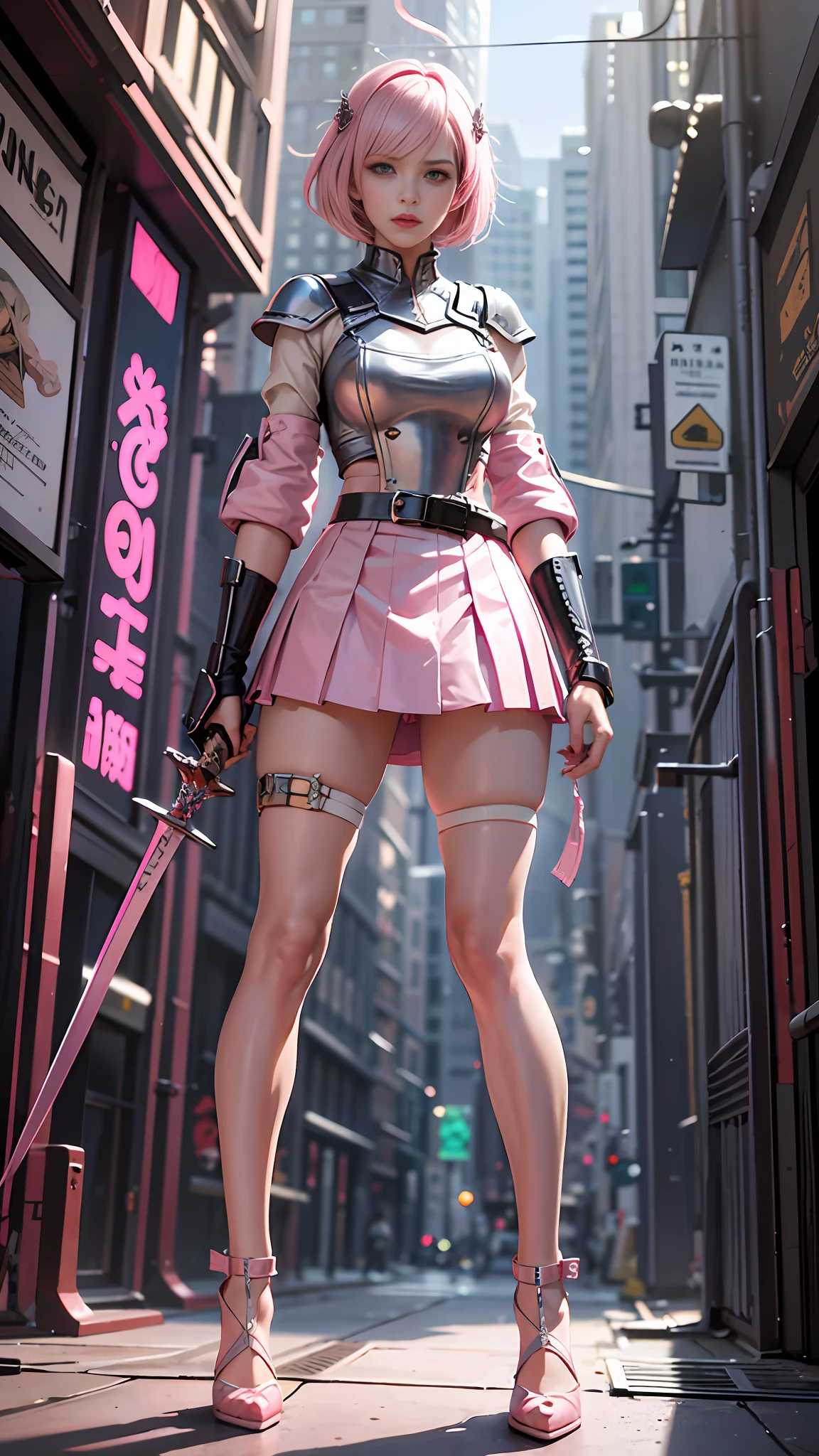 (Masterpiece), (Best Quality), Realism, Cinematic Light, Cool Pose, Battlefield Background, Perfect Figure, White Eyes, Short Pink Hair, Full Body, Long Legs, Pink Miniskirt, High Heels, Pink Longsword in Hand