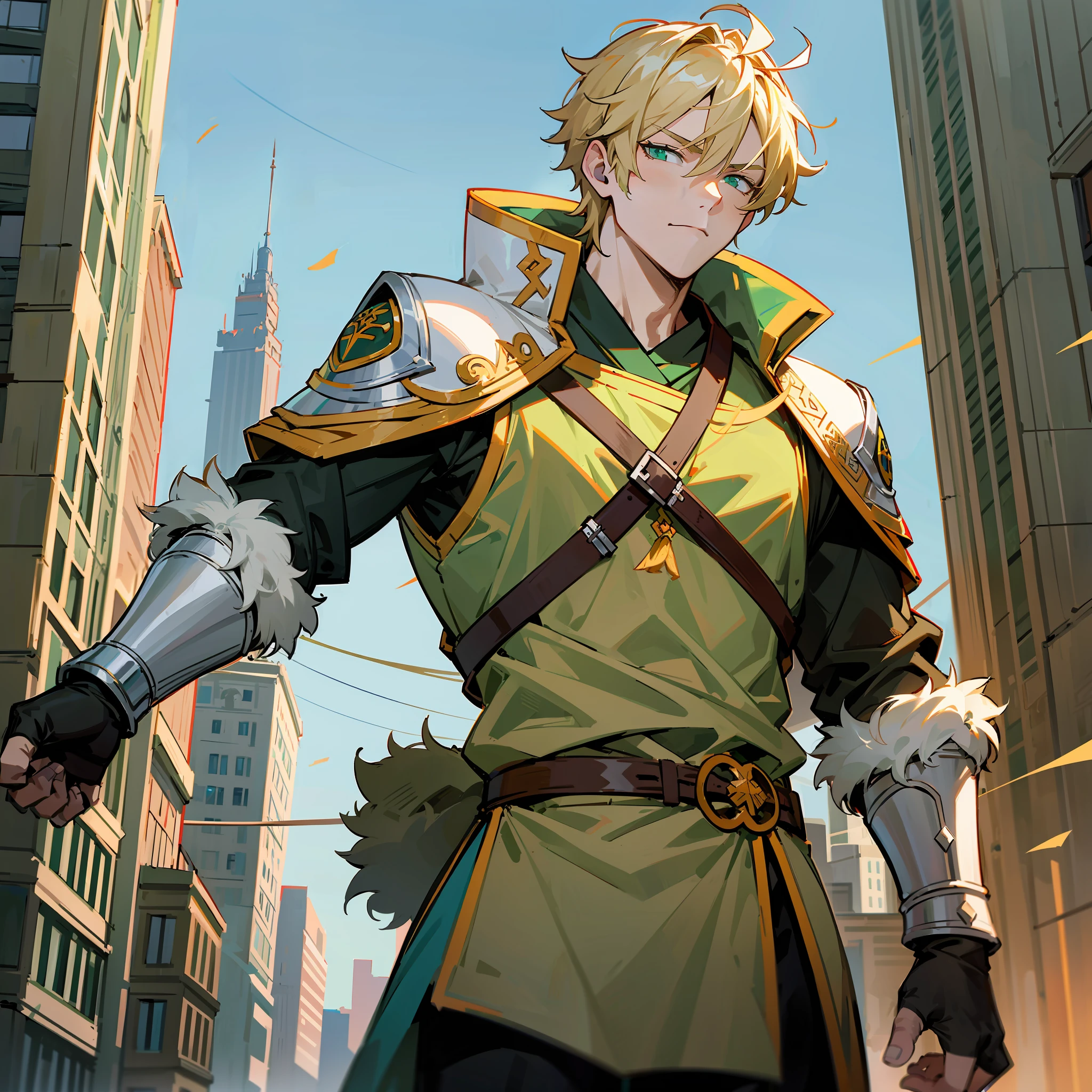 blond, tall, green-eyed guy, viking style, russian hero style, strong, modern clothes, modern city, city, anime style, anime --auto --s2