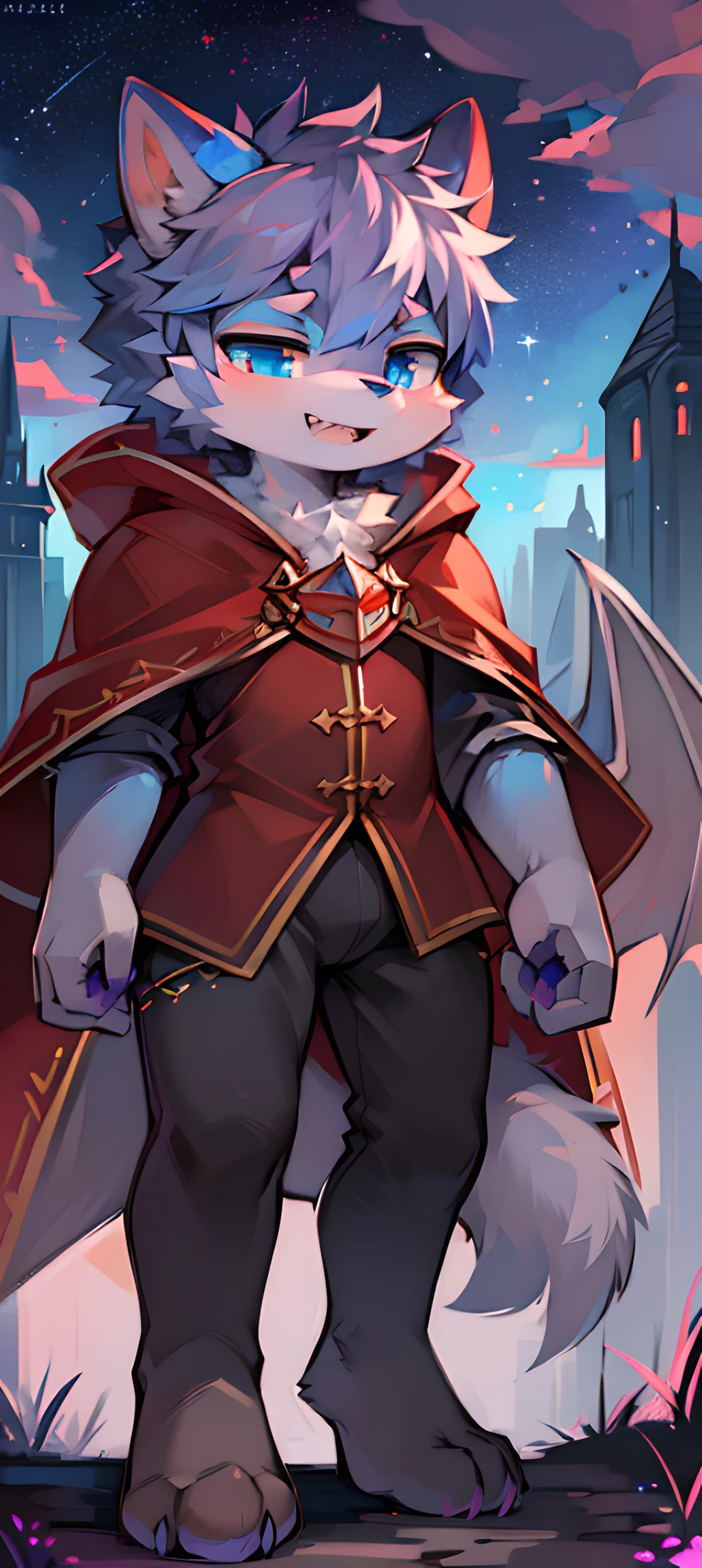 Bright environment, high quality, (toddler, dragon, neutral, animal: 1.6), absurd res, digital painting \ (artwork), (dragon, fluffy fur, character focus: 1.4), short hair, portrait, (bright eyes, left eye red, right eye blue: 1.2), (short dragon horn: 1.4), panorama, (character focus: 1.3). (detailed background: 0.9), solo, furry, furry neutral, neutral focus, standing, (full body fur, furry tail, red and blue fur, red and blue eyes, gray hair: 1.4), (small wings: 1.7), (long canine teeth: 1.0), king, (red cloak: 1.1) (towers of god, blue towers, violet, blue, red, god, red sky, violet sky, starry sky, stars, starry towers, starry god, light blue, civilization, order:1.4), (magic array, magic particles, magic: 1.5), (face details, hand details, foot details, ear details: 1.1), (better movements: 0.8), High cold