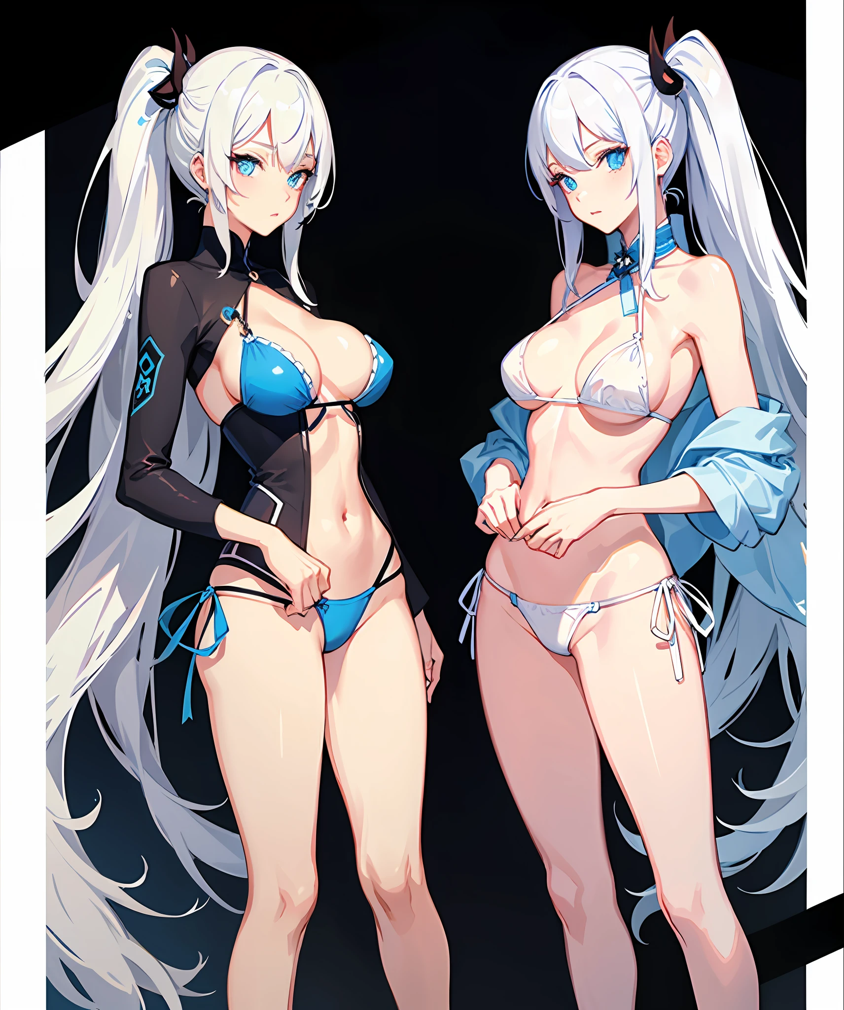 sexy, white hair, medium breast, blue eye, side tie bikini, slim legs, long hair