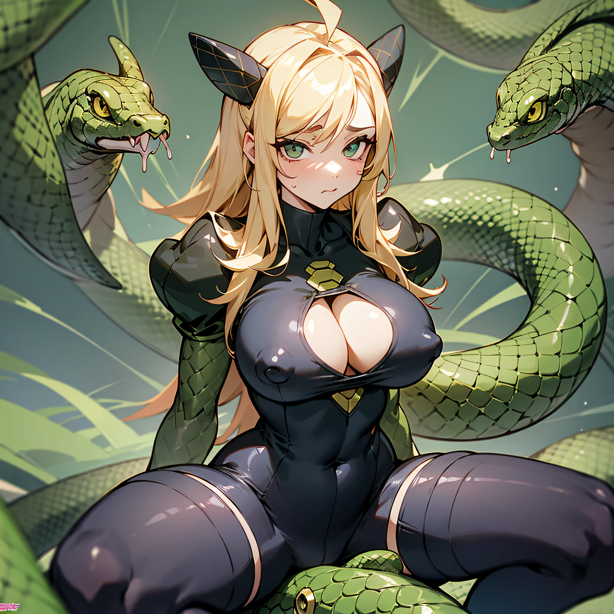 Puffy nipple, squatting, busty woman, close-fitting clothes, body entangled by a snake, chagrined expression, black and yellow, magic square